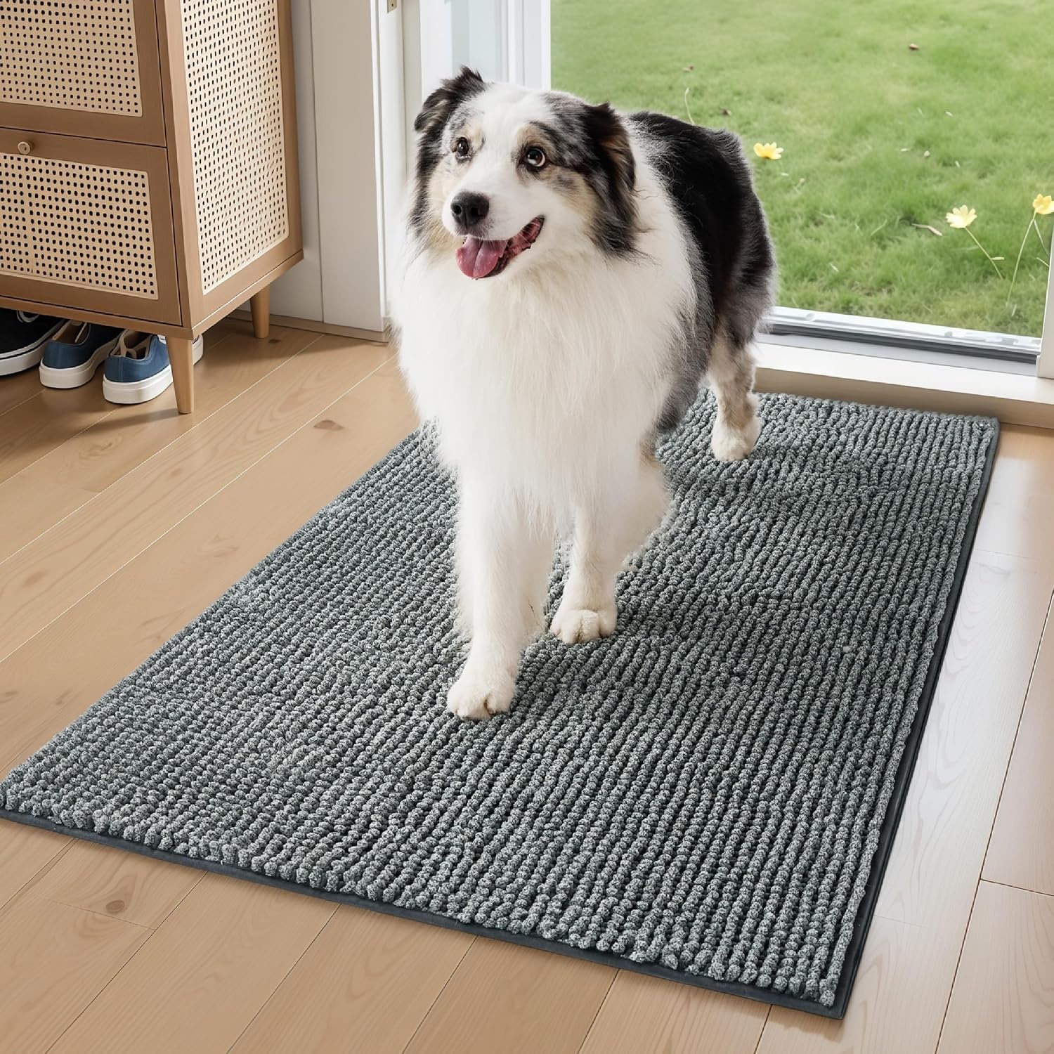 image:imageBedsure Dog Door Mat for Muddy Paws Chenille Indoor Entrance Rug 35x24 HighLow Pile Design UltraAbsorbent and Soft Dirt TrapperMuted GrayWhite MlangeTPR NonSlip BackingMachine WashableSpeckled Gray
