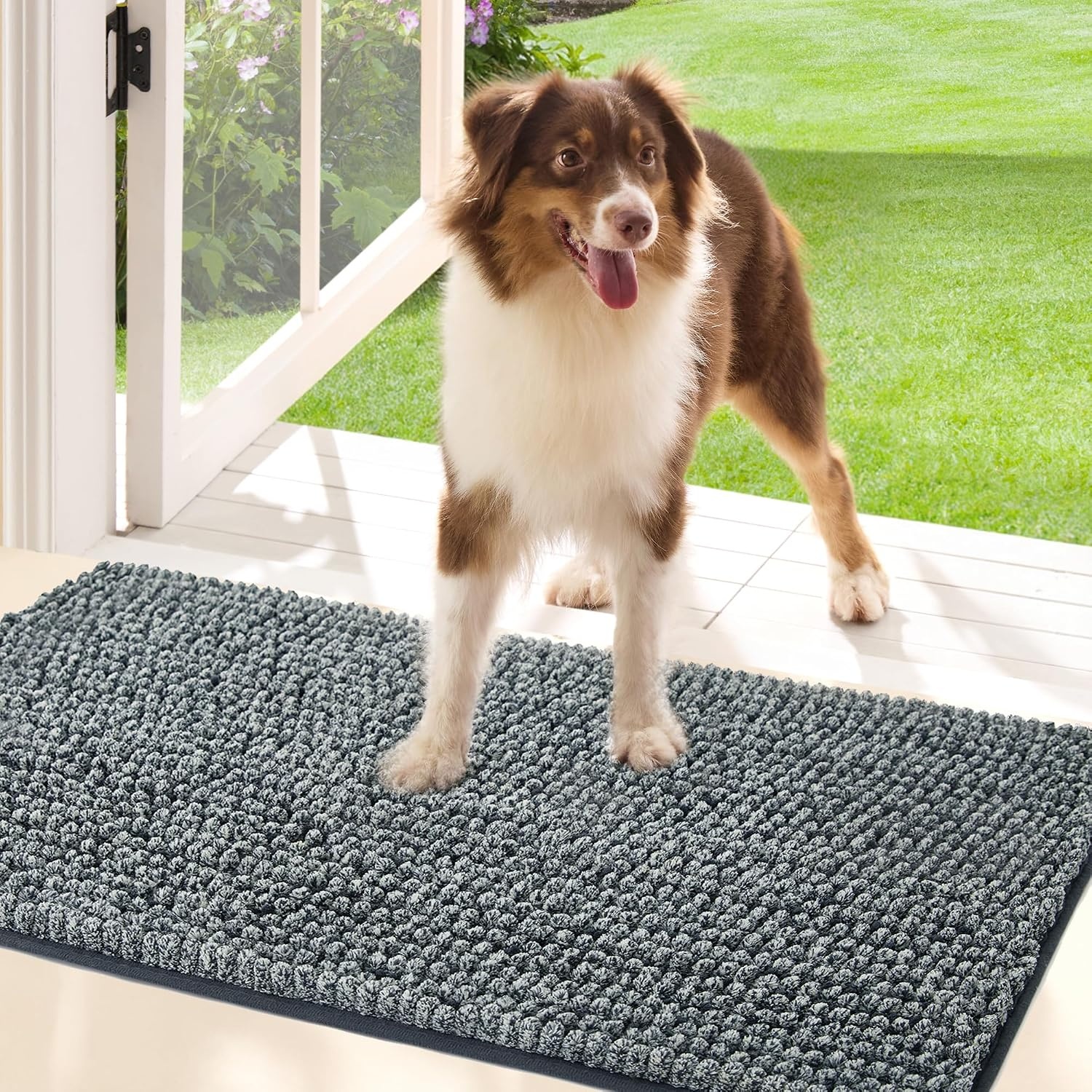 image:imageBedsure Dog Door Mat for Muddy Paws Chenille Indoor Entrance Rug 35x24 HighLow Pile Design UltraAbsorbent and Soft Dirt TrapperMuted GrayWhite MlangeTPR NonSlip BackingMachine WashableSpeckled Gray