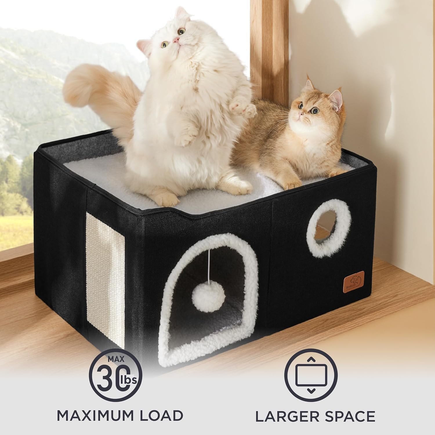 image:imageBedsure Extra Wide Cat House Bed with Fluffy Ball and Scratch PadGrey 236x169x13 inIndoor Cat Cave for Multiple Pets Foldable Cat Hideway Cube for Sleeping Large Cat and KittenBlack