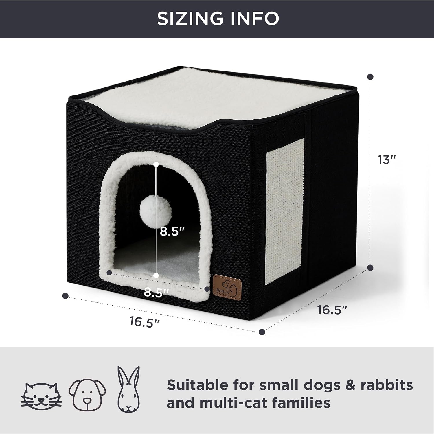 image:imageBedsure Extra Wide Cat House Bed with Fluffy Ball and Scratch PadGrey 236x169x13 inIndoor Cat Cave for Multiple Pets Foldable Cat Hideway Cube for Sleeping Large Cat and KittenBlack