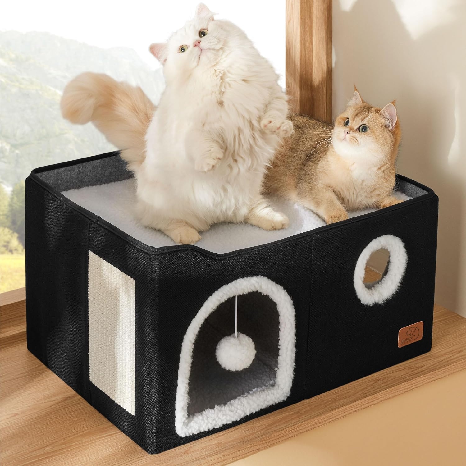 image:imageBedsure Extra Wide Cat House Bed with Fluffy Ball and Scratch PadGrey 236x169x13 inIndoor Cat Cave for Multiple Pets Foldable Cat Hideway Cube for Sleeping Large Cat and KittenBlack