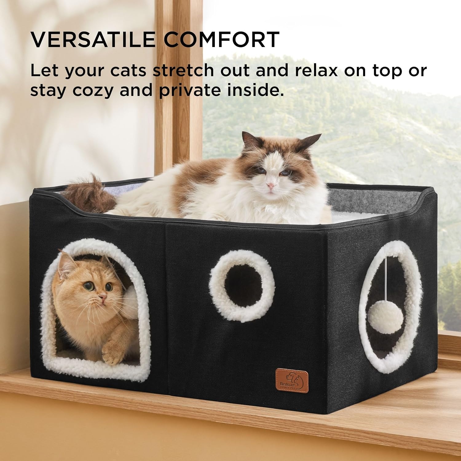 image:imageBedsure Extra Wide Cat House Bed with Fluffy Ball and Scratch PadGrey 236x169x13 inIndoor Cat Cave for Multiple Pets Foldable Cat Hideway Cube for Sleeping Large Cat and KittenBlack