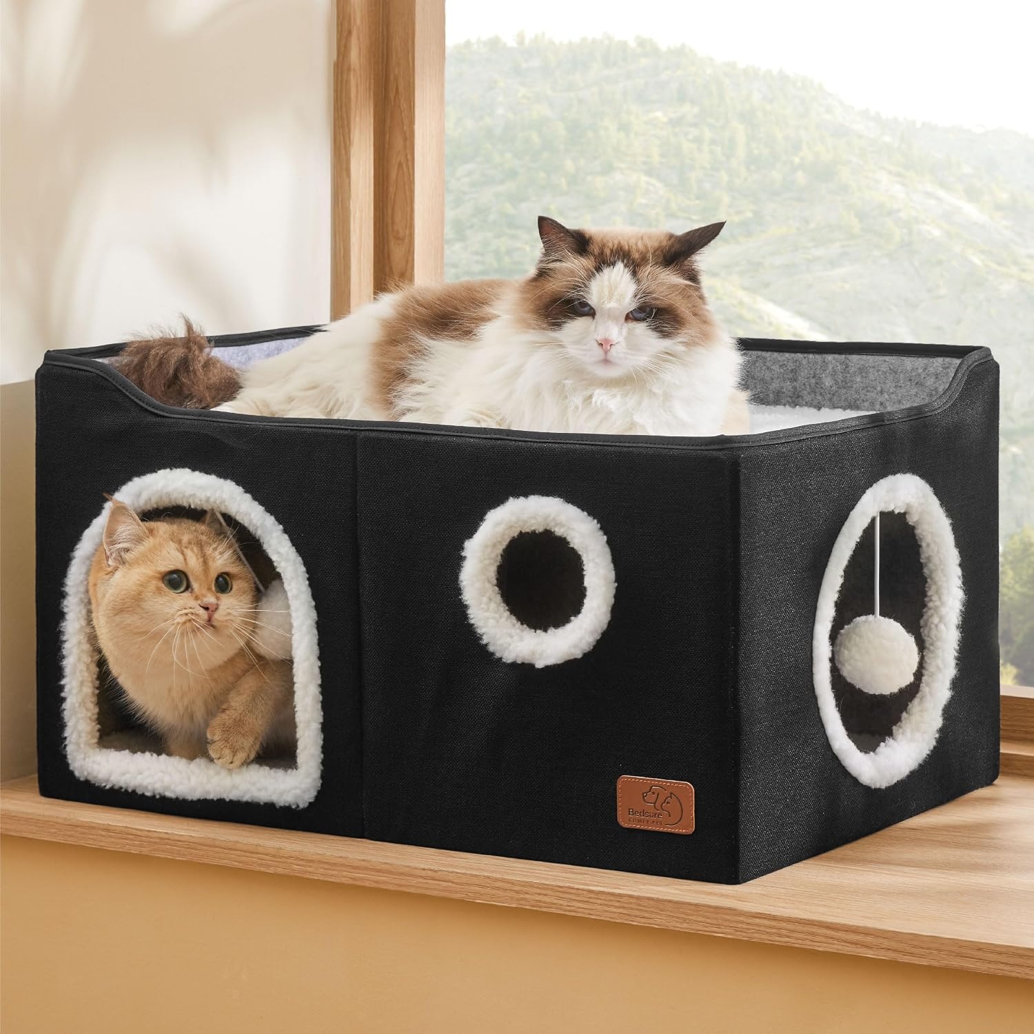 image:imageBedsure Extra Wide Cat House Bed with Fluffy Ball and Scratch PadGrey 236x169x13 inIndoor Cat Cave for Multiple Pets Foldable Cat Hideway Cube for Sleeping Large Cat and KittenBlack