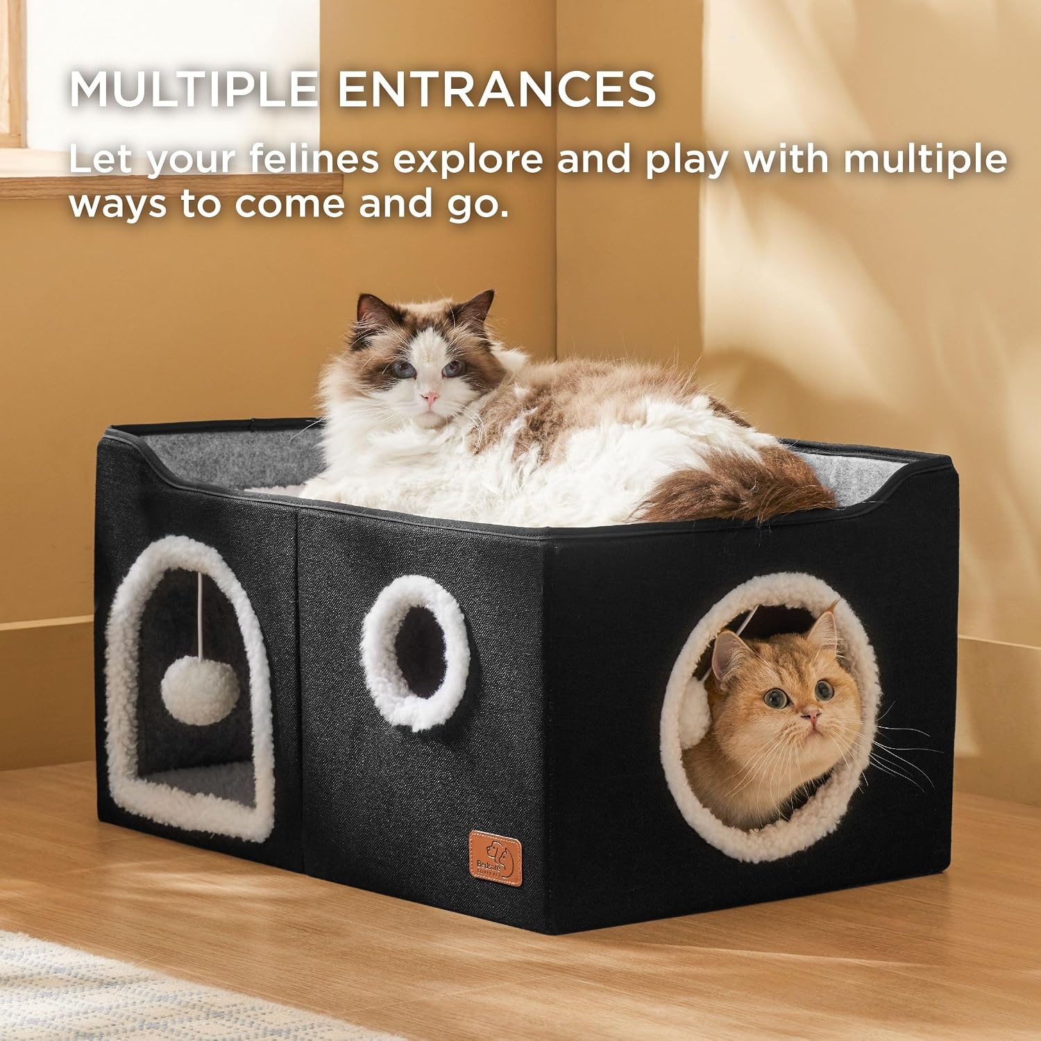 image:imageBedsure Extra Wide Cat House Bed with Fluffy Ball and Scratch PadGrey 236x169x13 inIndoor Cat Cave for Multiple Pets Foldable Cat Hideway Cube for Sleeping Large Cat and KittenBlack
