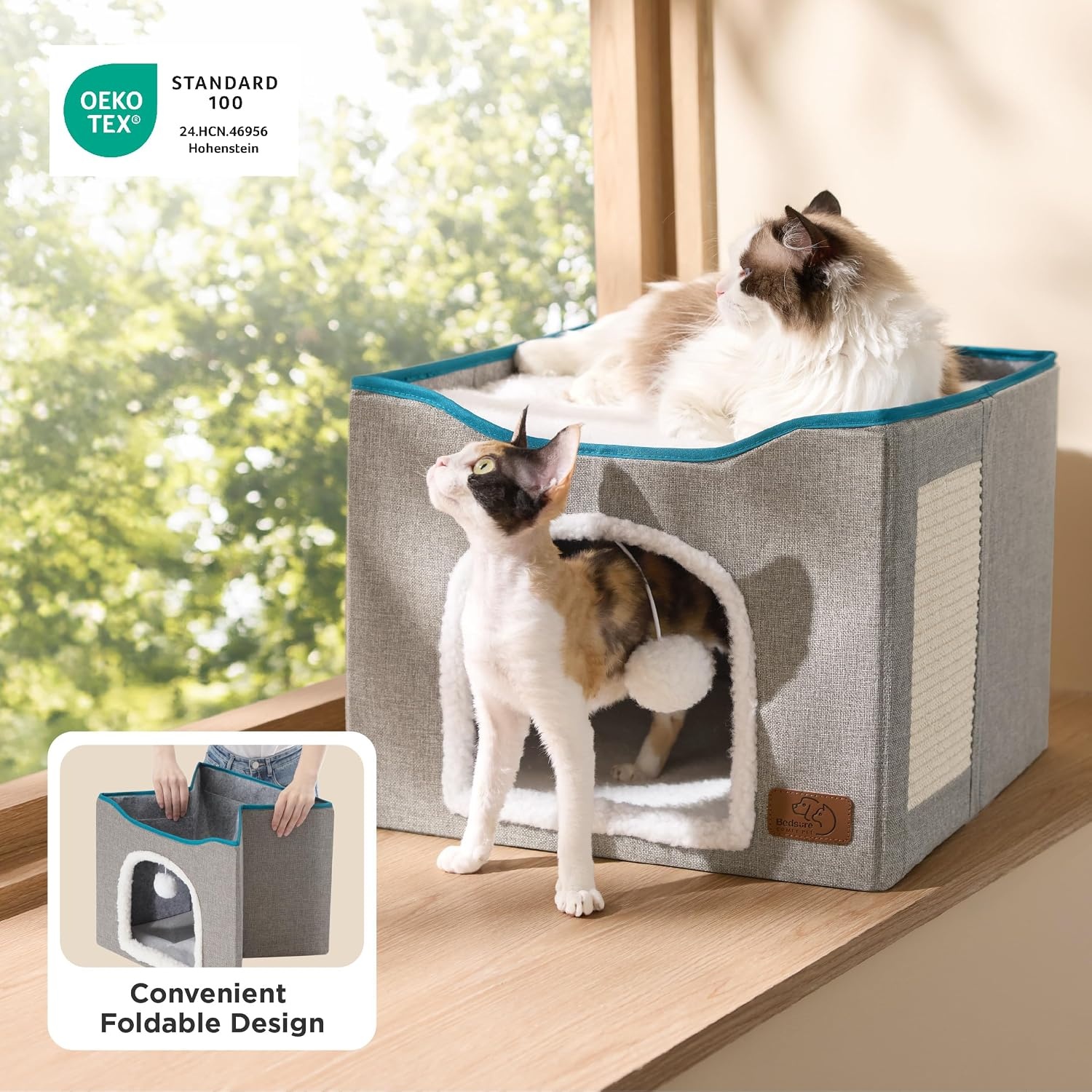 image:imageBedsure Extra Wide Cat House Bed with Fluffy Ball and Scratch PadGrey 236x169x13 inIndoor Cat Cave for Multiple Pets Foldable Cat Hideway Cube for Sleeping Large Cat and KittenBlack