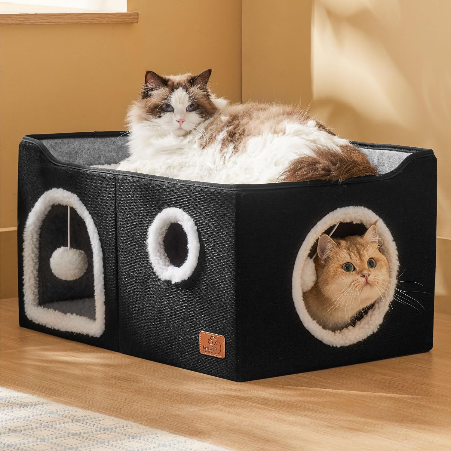 image:imageBedsure Extra Wide Cat House Bed with Fluffy Ball and Scratch PadGrey 236x169x13 inIndoor Cat Cave for Multiple Pets Foldable Cat Hideway Cube for Sleeping Large Cat and KittenBlack