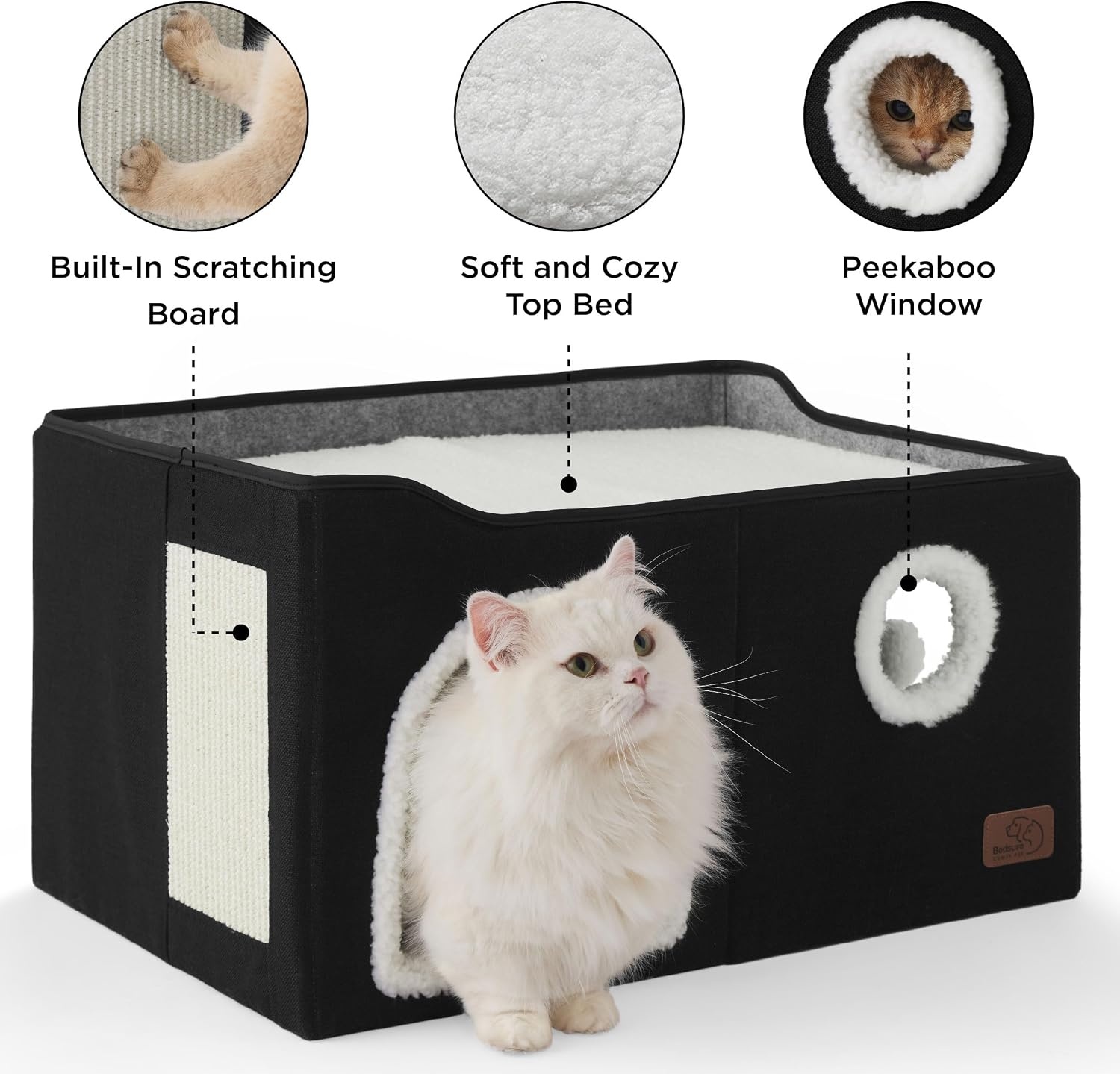 image:imageBedsure Extra Wide Cat House Bed with Fluffy Ball and Scratch PadGrey 236x169x13 inIndoor Cat Cave for Multiple Pets Foldable Cat Hideway Cube for Sleeping Large Cat and KittenBlack