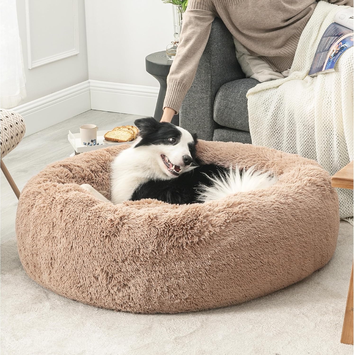 image:imageBedsure Human Dog Bed for Adult Plush Giant Calming Nest Bed Orthopedic 71 Human Size Dog Bed Washable with Storage Pocket Supportive Bolster Egg Foam NonSlip Bottom Fluffy Faux Fur BrownCamel