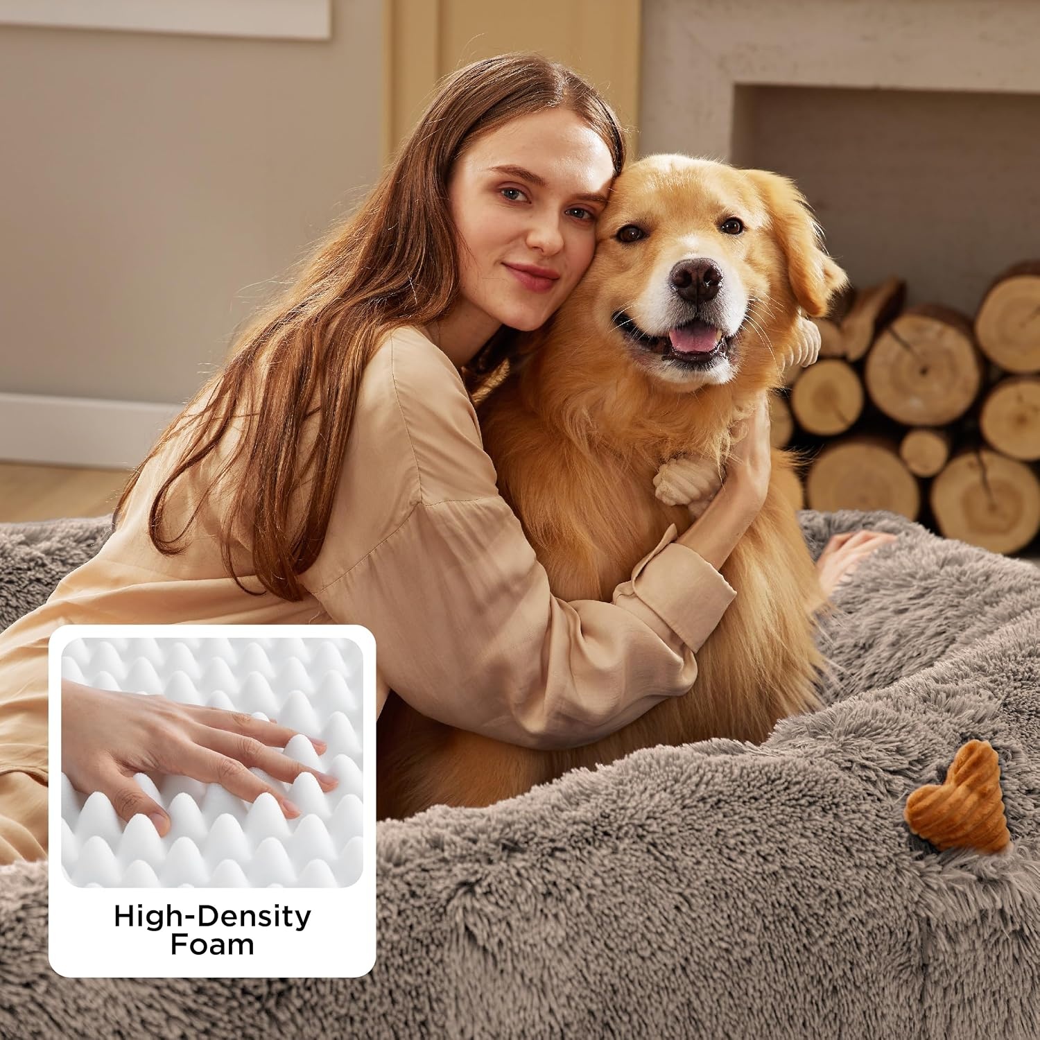 image:imageBedsure Human Dog Bed for Adult Plush Giant Calming Nest Bed Orthopedic 71 Human Size Dog Bed Washable with Storage Pocket Supportive Bolster Egg Foam NonSlip Bottom Fluffy Faux Fur BrownCamel