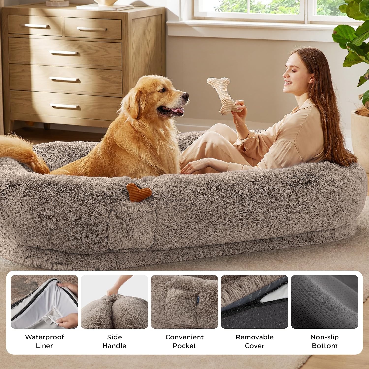 image:imageBedsure Human Dog Bed for Adult Plush Giant Calming Nest Bed Orthopedic 71 Human Size Dog Bed Washable with Storage Pocket Supportive Bolster Egg Foam NonSlip Bottom Fluffy Faux Fur BrownCamel
