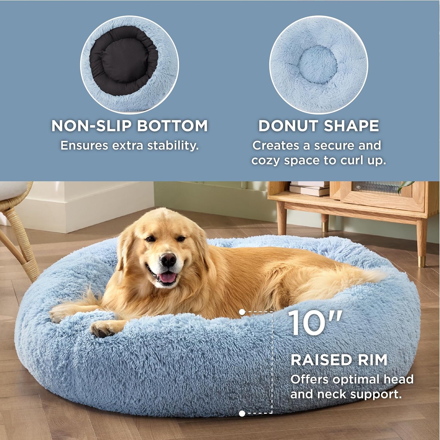 image:imageBedsure Human Dog Bed for Adult Plush Giant Calming Nest Bed Orthopedic 71 Human Size Dog Bed Washable with Storage Pocket Supportive Bolster Egg Foam NonSlip Bottom Fluffy Faux Fur BrownLight Blue