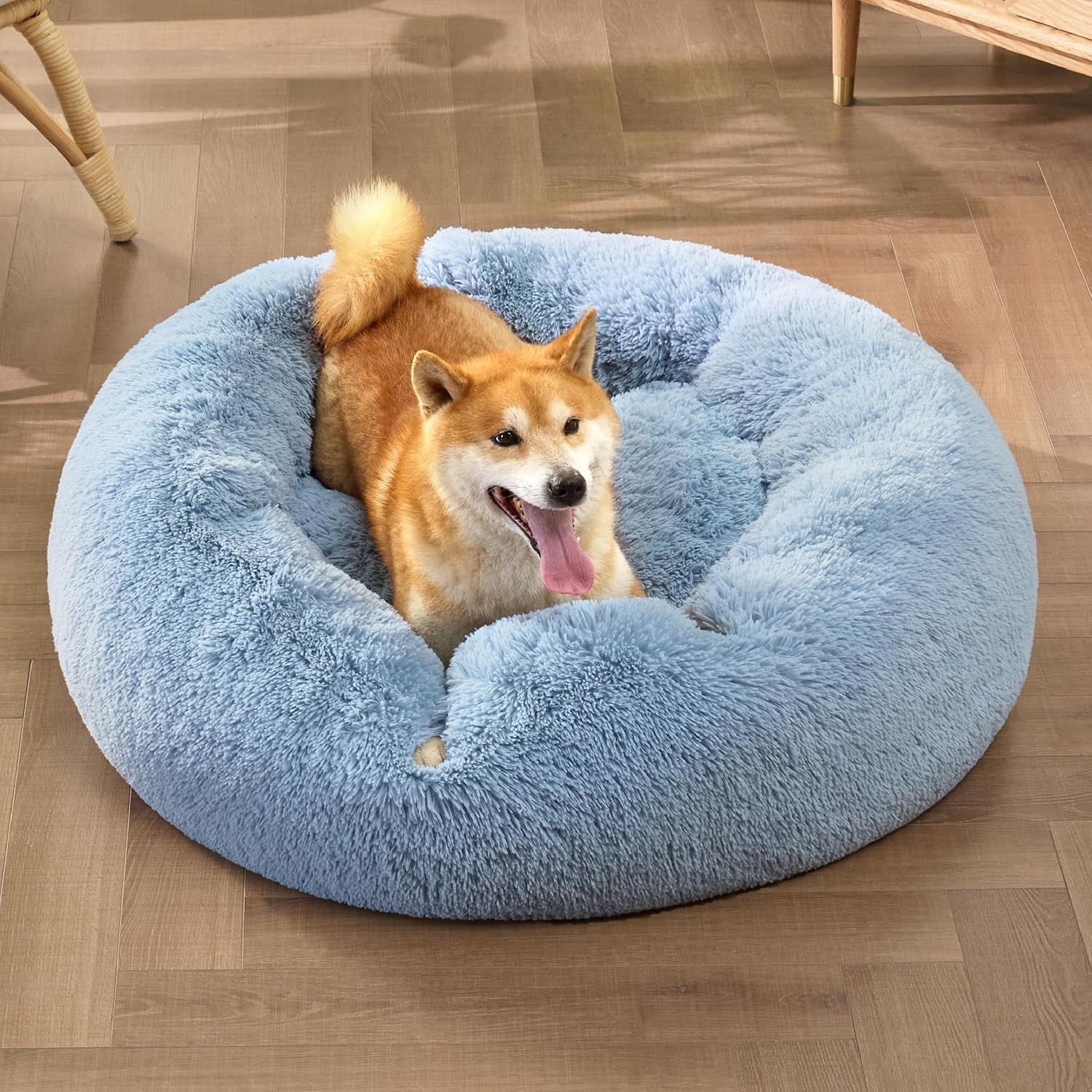 image:imageBedsure Human Dog Bed for Adult Plush Giant Calming Nest Bed Orthopedic 71 Human Size Dog Bed Washable with Storage Pocket Supportive Bolster Egg Foam NonSlip Bottom Fluffy Faux Fur BrownLight Blue