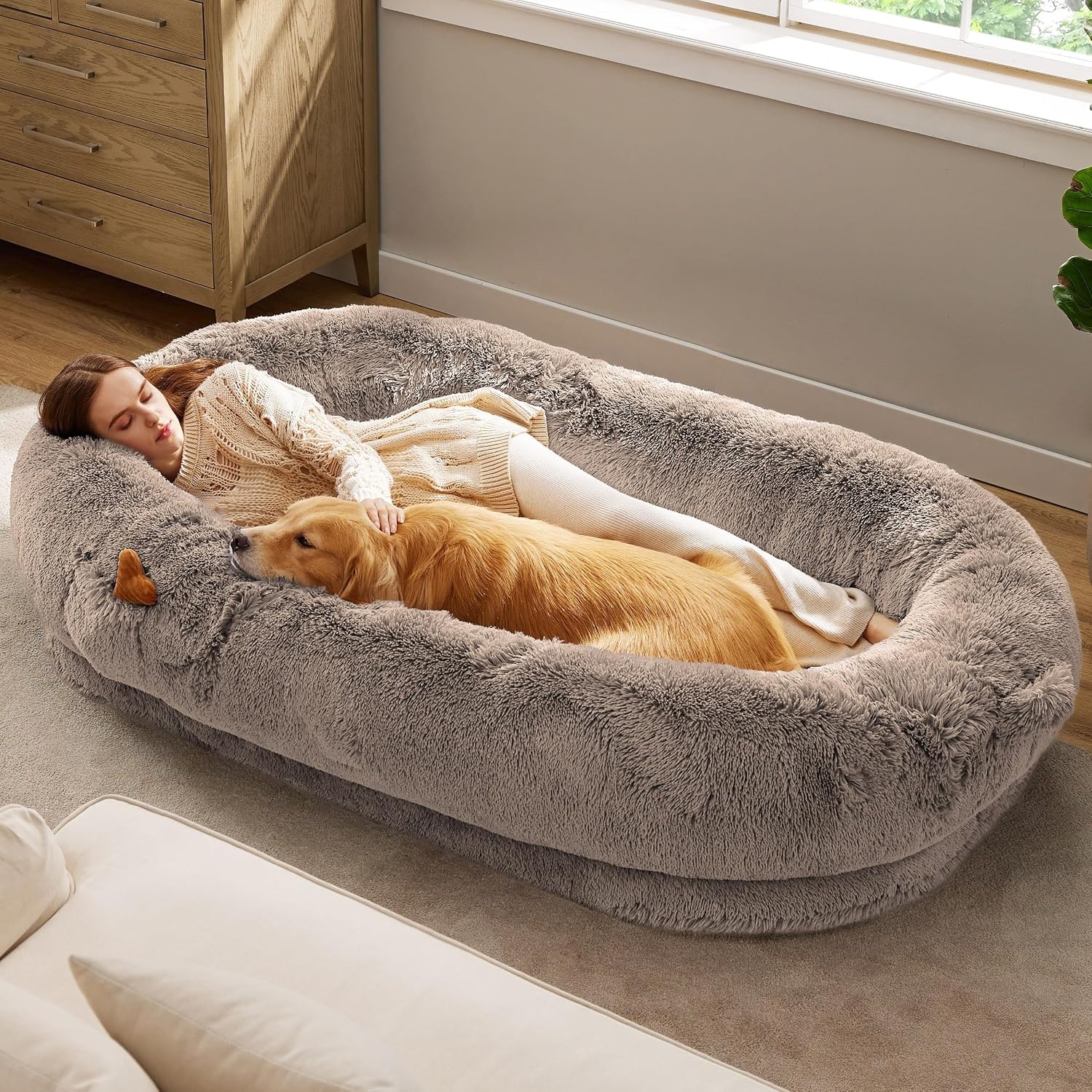 image:imageBedsure Human Dog Bed for Adult Plush Giant Calming Nest Bed Orthopedic 71 Human Size Dog Bed Washable with Storage Pocket Supportive Bolster Egg Foam NonSlip Bottom Fluffy Faux Fur BrownCamel