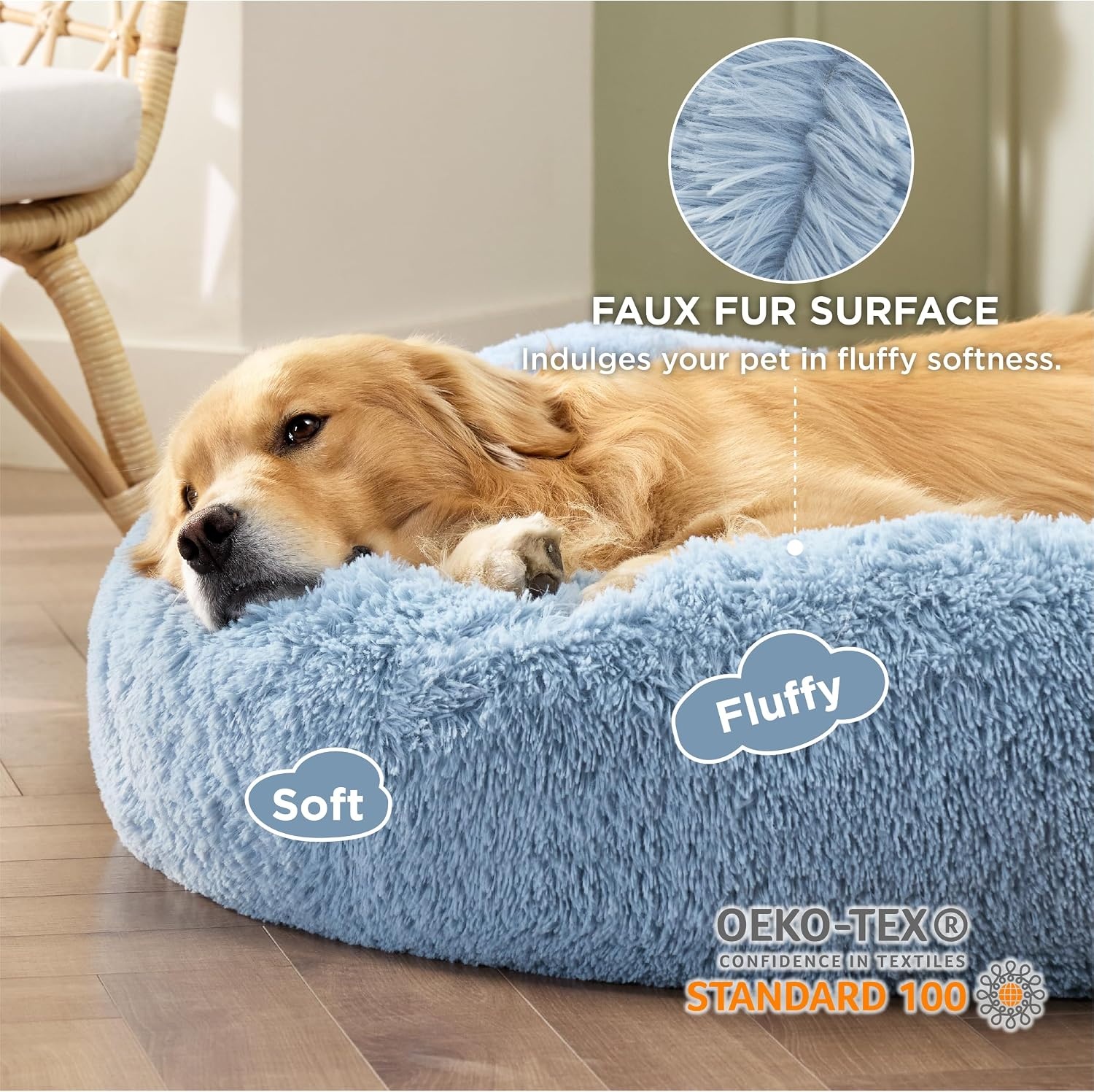 image:imageBedsure Human Dog Bed for Adult Plush Giant Calming Nest Bed Orthopedic 71 Human Size Dog Bed Washable with Storage Pocket Supportive Bolster Egg Foam NonSlip Bottom Fluffy Faux Fur BrownLight Blue