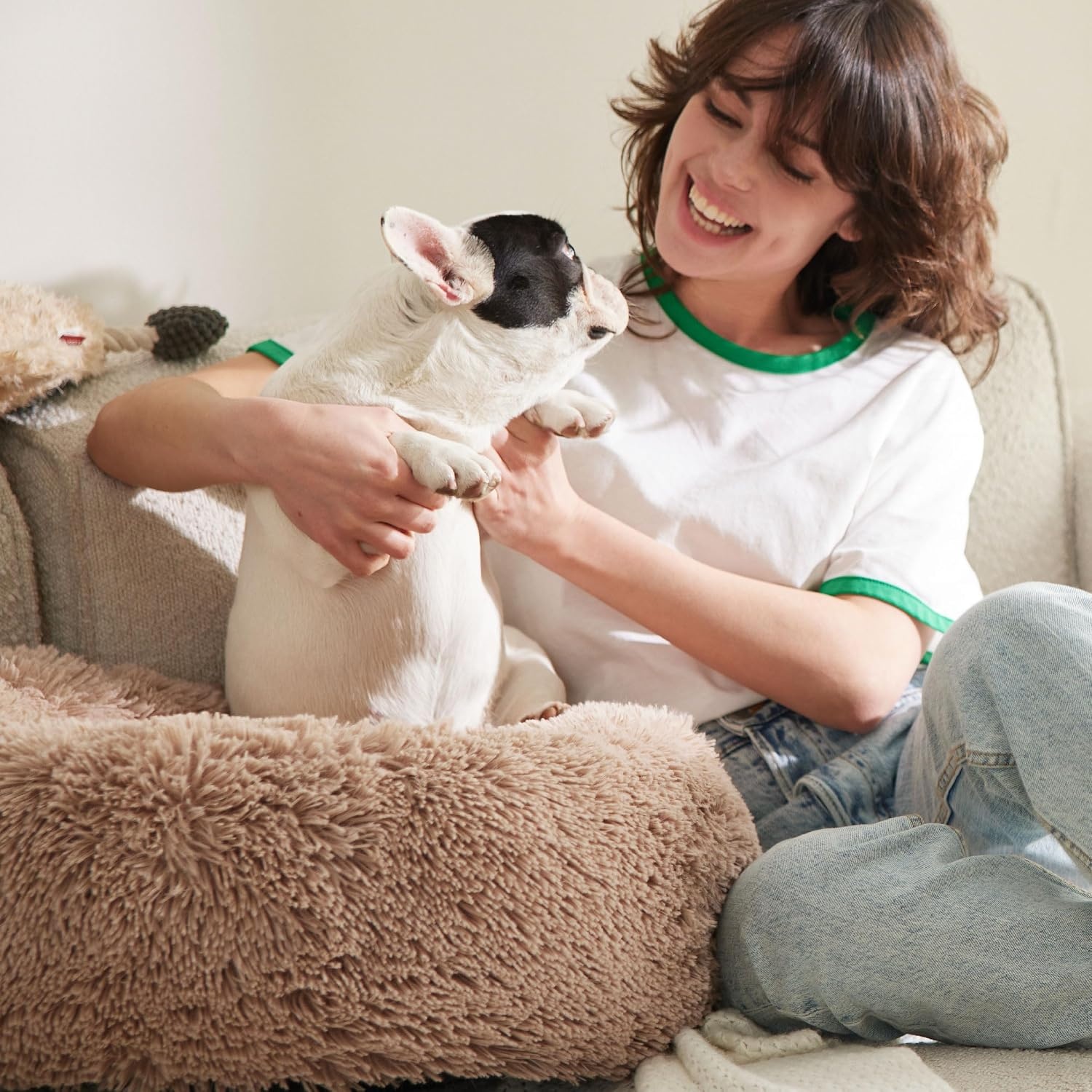 image:imageBedsure Human Dog Bed for Adult Plush Giant Calming Nest Bed Orthopedic 71 Human Size Dog Bed Washable with Storage Pocket Supportive Bolster Egg Foam NonSlip Bottom Fluffy Faux Fur BrownCamel