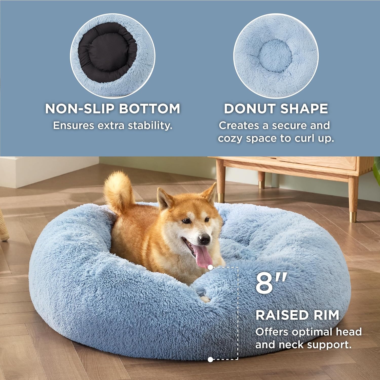 image:imageBedsure Human Dog Bed for Adult Plush Giant Calming Nest Bed Orthopedic 71 Human Size Dog Bed Washable with Storage Pocket Supportive Bolster Egg Foam NonSlip Bottom Fluffy Faux Fur BrownLight Blue