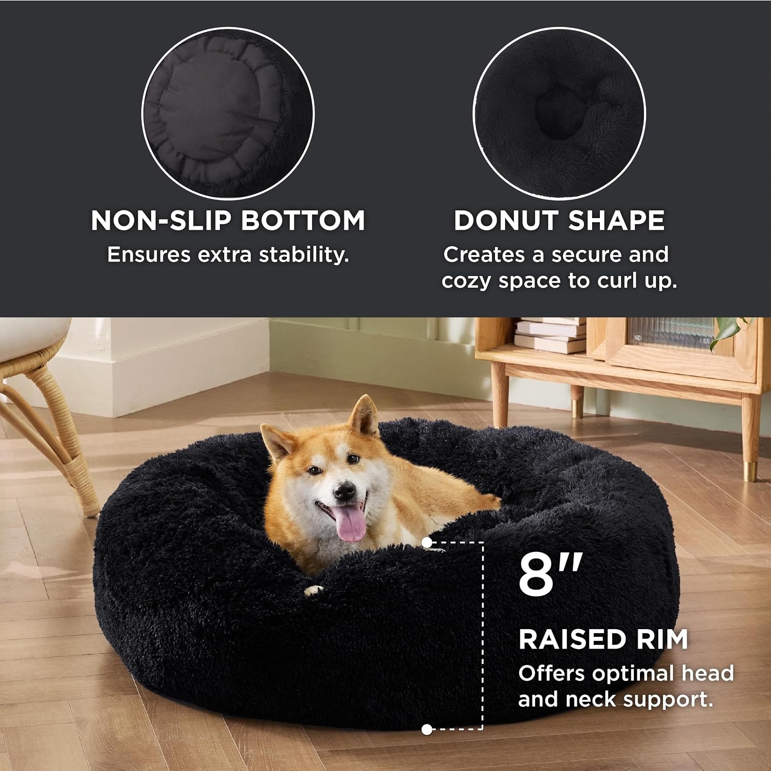 image:imageBedsure Human Dog Bed for Adult Plush Giant Calming Nest Bed Orthopedic 71 Human Size Dog Bed Washable with Storage Pocket Supportive Bolster Egg Foam NonSlip Bottom Fluffy Faux Fur BrownBlack