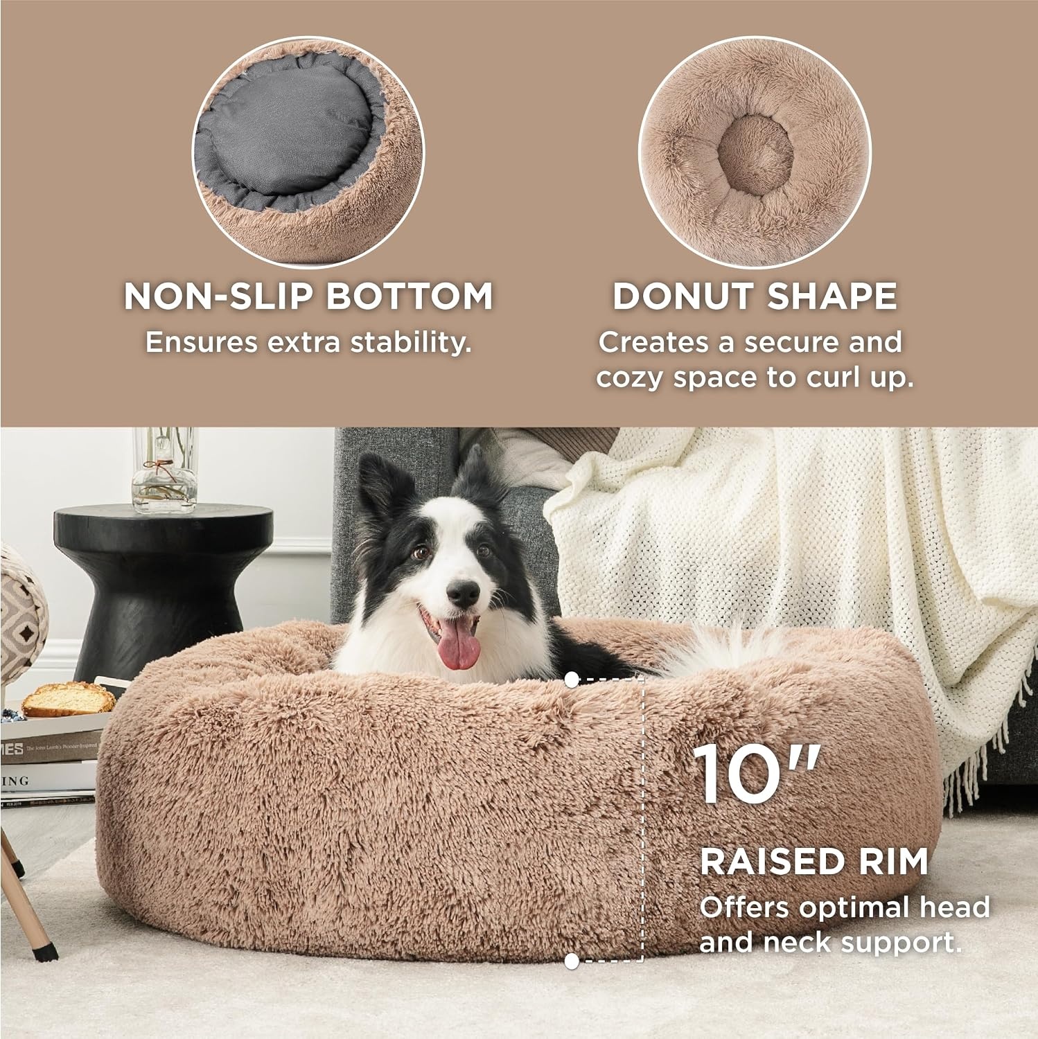 image:imageBedsure Human Dog Bed for Adult Plush Giant Calming Nest Bed Orthopedic 71 Human Size Dog Bed Washable with Storage Pocket Supportive Bolster Egg Foam NonSlip Bottom Fluffy Faux Fur BrownCamel