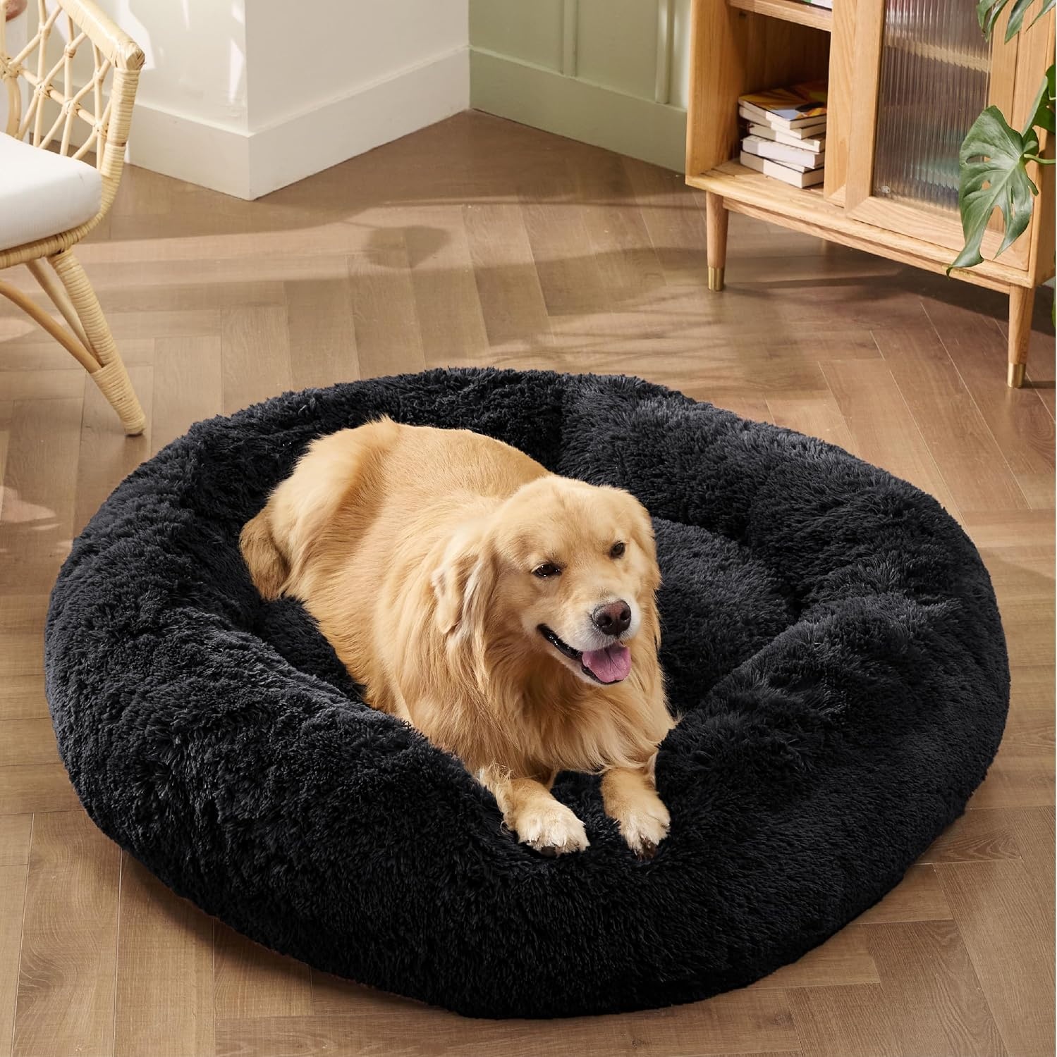 image:imageBedsure Human Dog Bed for Adult Plush Giant Calming Nest Bed Orthopedic 71 Human Size Dog Bed Washable with Storage Pocket Supportive Bolster Egg Foam NonSlip Bottom Fluffy Faux Fur BrownBlack