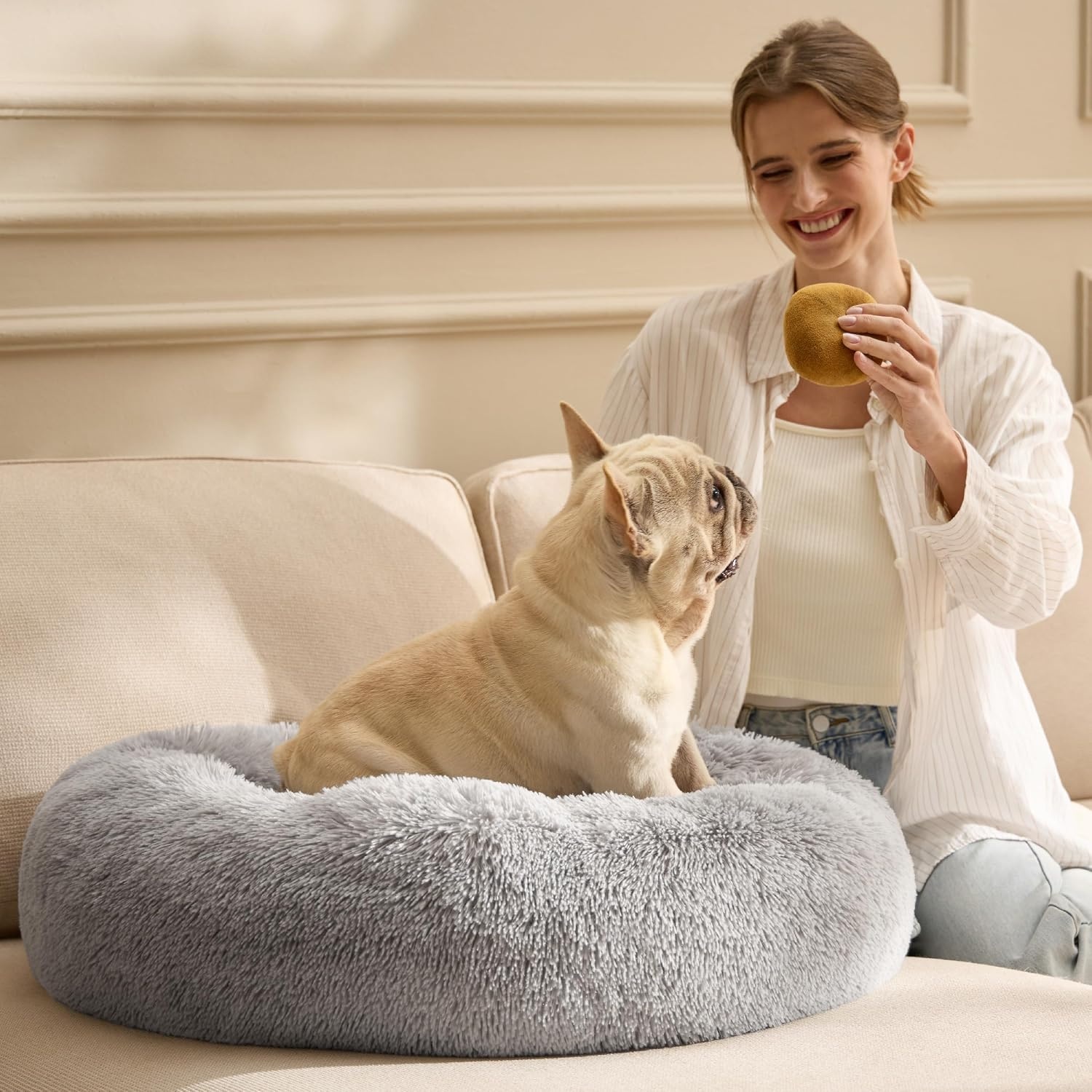 image:imageBedsure Human Dog Bed for Adult Plush Giant Calming Nest Bed Orthopedic 71 Human Size Dog Bed Washable with Storage Pocket Supportive Bolster Egg Foam NonSlip Bottom Fluffy Faux Fur BrownPale Grey
