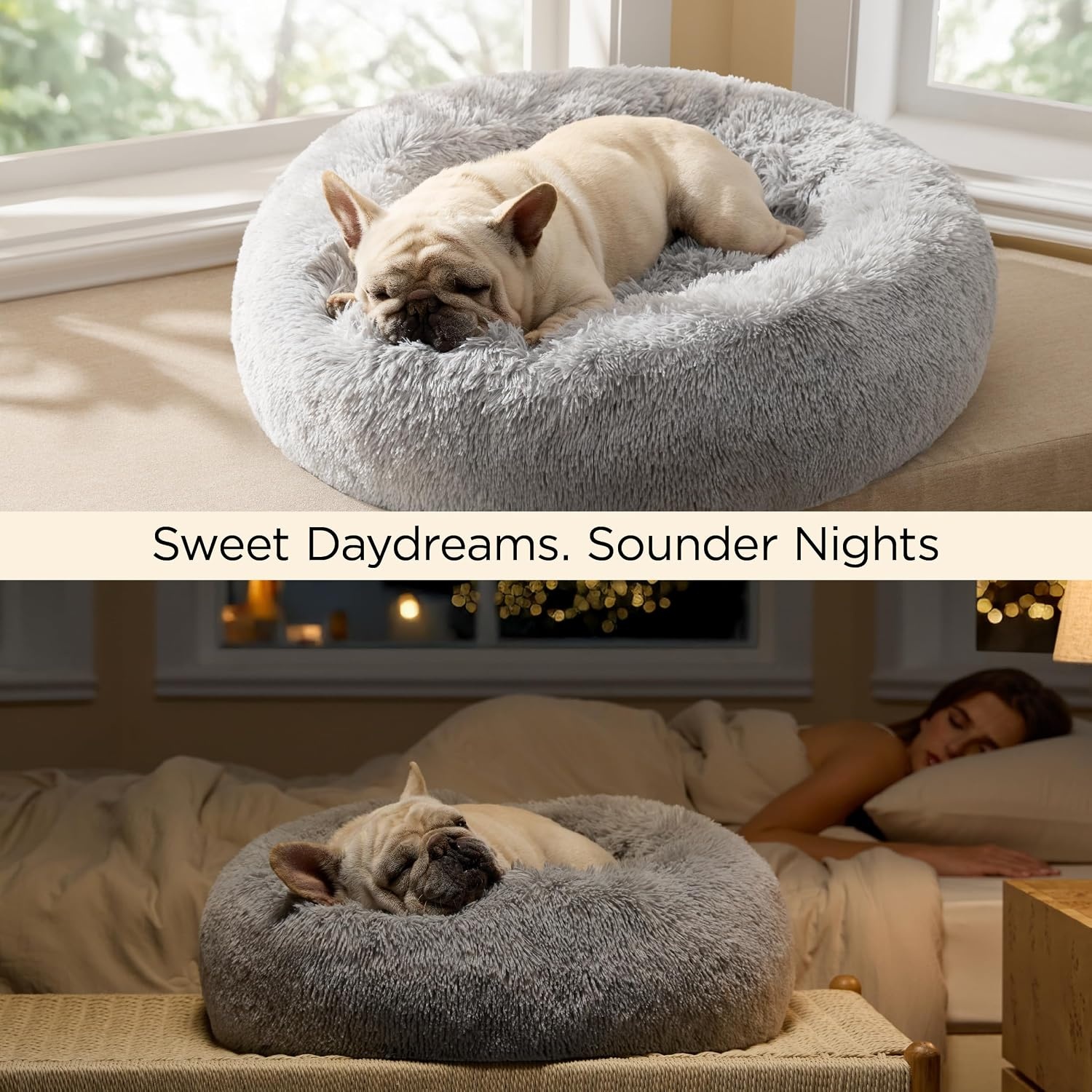 image:imageBedsure Human Dog Bed for Adult Plush Giant Calming Nest Bed Orthopedic 71 Human Size Dog Bed Washable with Storage Pocket Supportive Bolster Egg Foam NonSlip Bottom Fluffy Faux Fur BrownPale Grey
