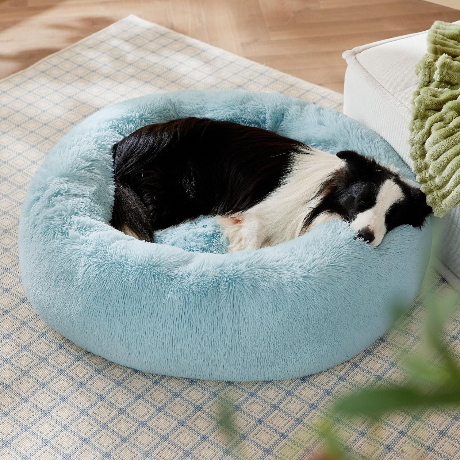 image:imageBedsure Human Dog Bed for Adult Plush Giant Calming Nest Bed Orthopedic 71 Human Size Dog Bed Washable with Storage Pocket Supportive Bolster Egg Foam NonSlip Bottom Fluffy Faux Fur BrownAqua Blue