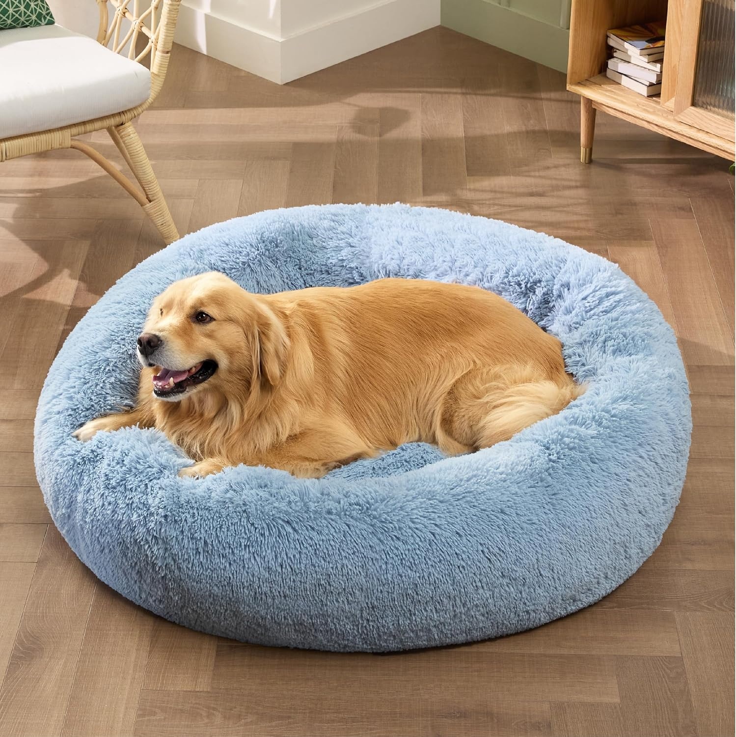 image:imageBedsure Human Dog Bed for Adult Plush Giant Calming Nest Bed Orthopedic 71 Human Size Dog Bed Washable with Storage Pocket Supportive Bolster Egg Foam NonSlip Bottom Fluffy Faux Fur BrownLight Blue
