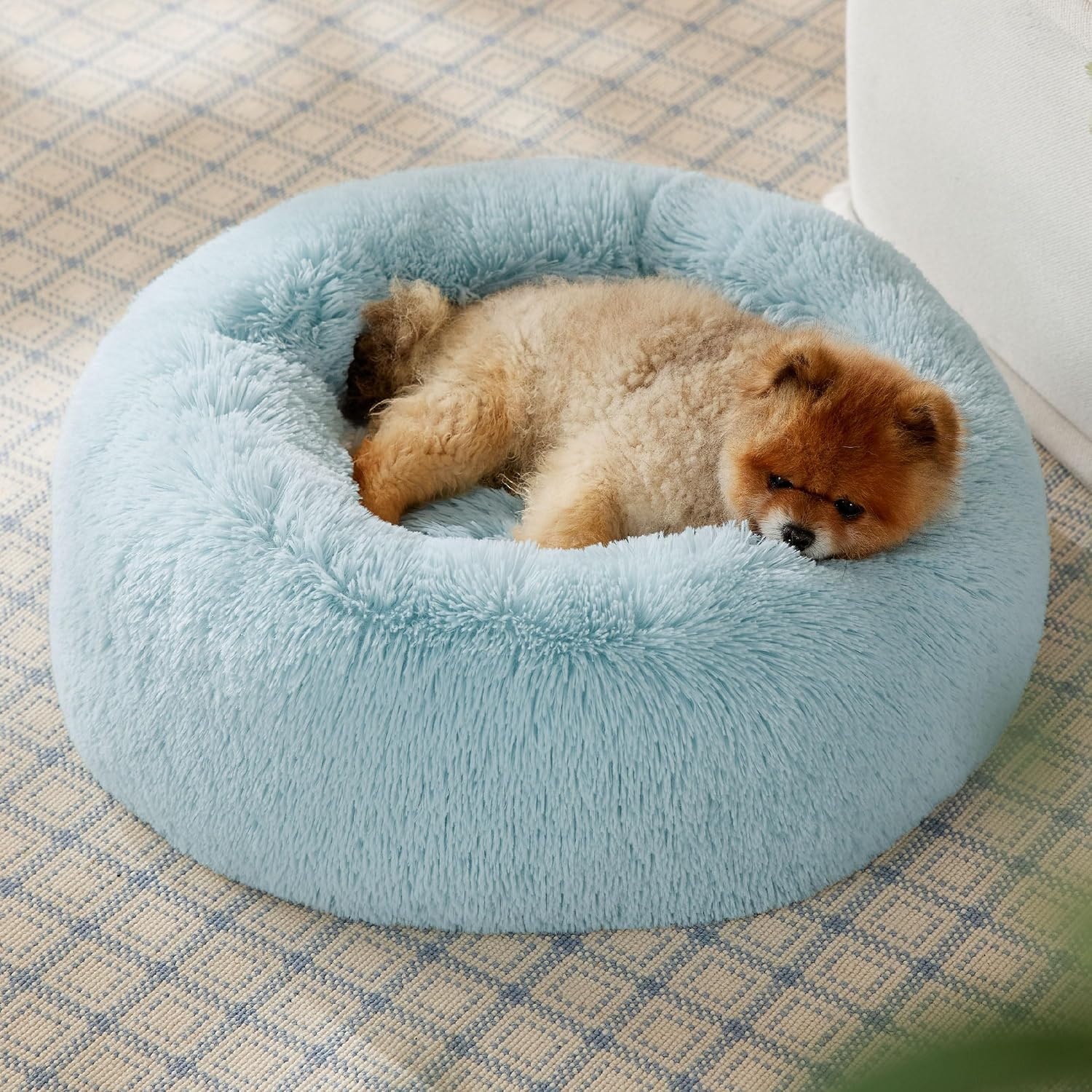 image:imageBedsure Human Dog Bed for Adult Plush Giant Calming Nest Bed Orthopedic 71 Human Size Dog Bed Washable with Storage Pocket Supportive Bolster Egg Foam NonSlip Bottom Fluffy Faux Fur BrownAqua Blue