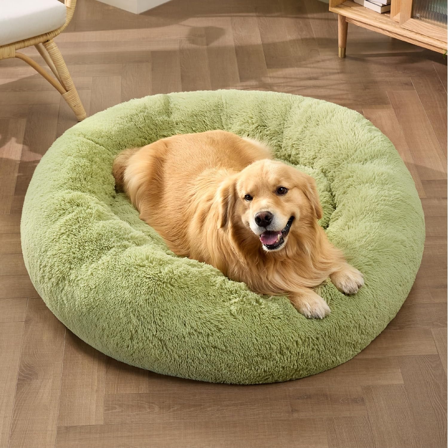 image:imageBedsure Human Dog Bed for Adult Plush Giant Calming Nest Bed Orthopedic 71 Human Size Dog Bed Washable with Storage Pocket Supportive Bolster Egg Foam NonSlip Bottom Fluffy Faux Fur BrownGreen