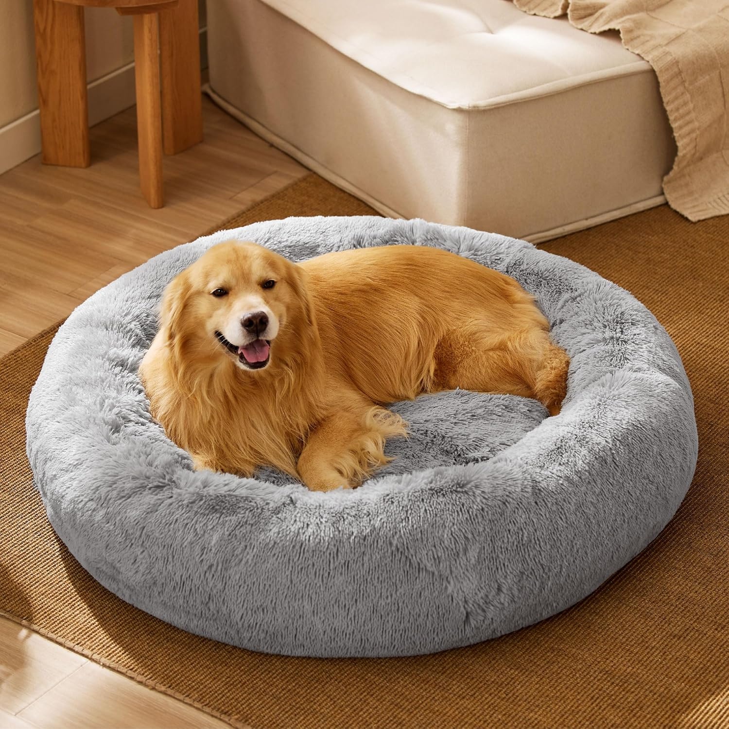 image:imageBedsure Human Dog Bed for Adult Plush Giant Calming Nest Bed Orthopedic 71 Human Size Dog Bed Washable with Storage Pocket Supportive Bolster Egg Foam NonSlip Bottom Fluffy Faux Fur BrownPale Grey