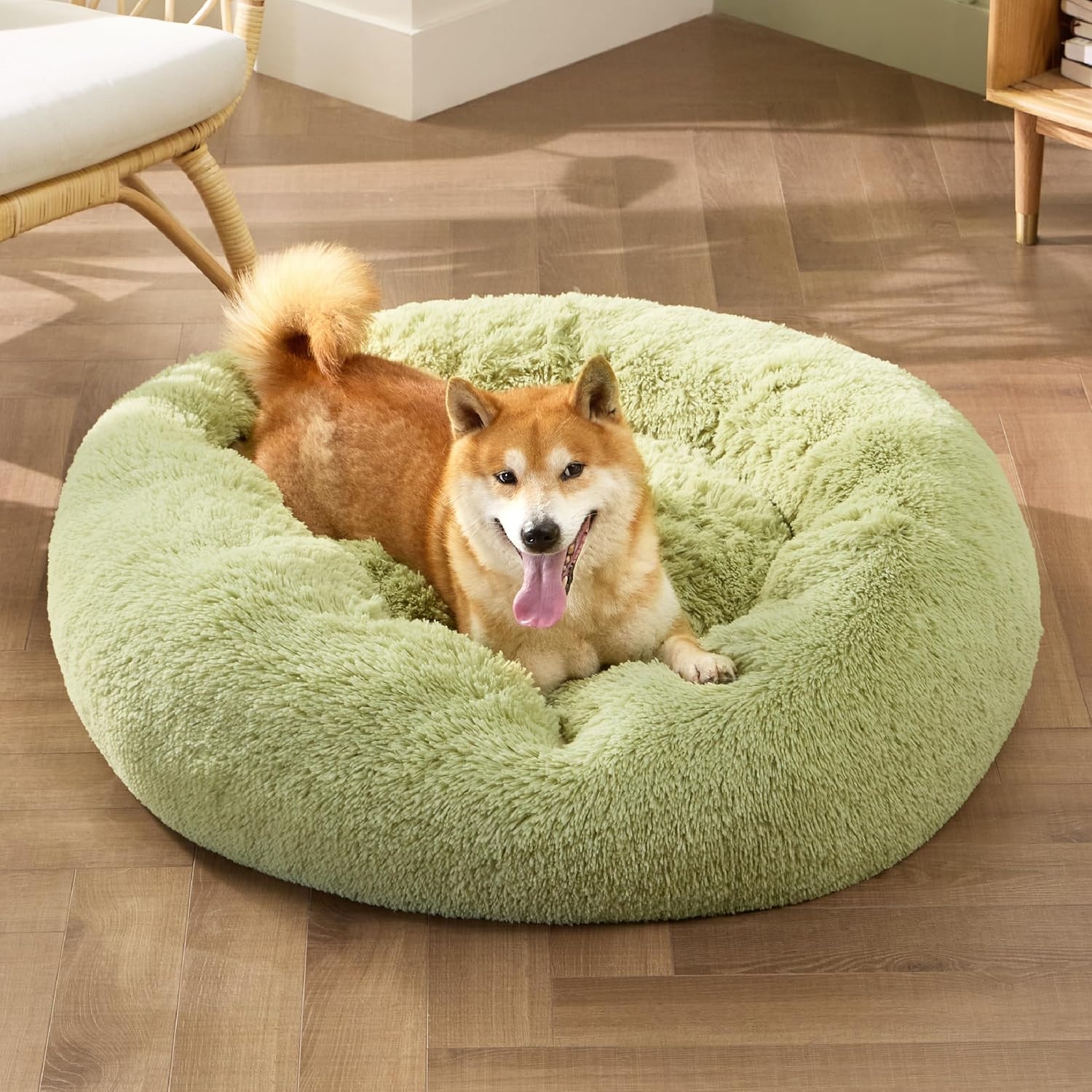 image:imageBedsure Human Dog Bed for Adult Plush Giant Calming Nest Bed Orthopedic 71 Human Size Dog Bed Washable with Storage Pocket Supportive Bolster Egg Foam NonSlip Bottom Fluffy Faux Fur BrownGreen