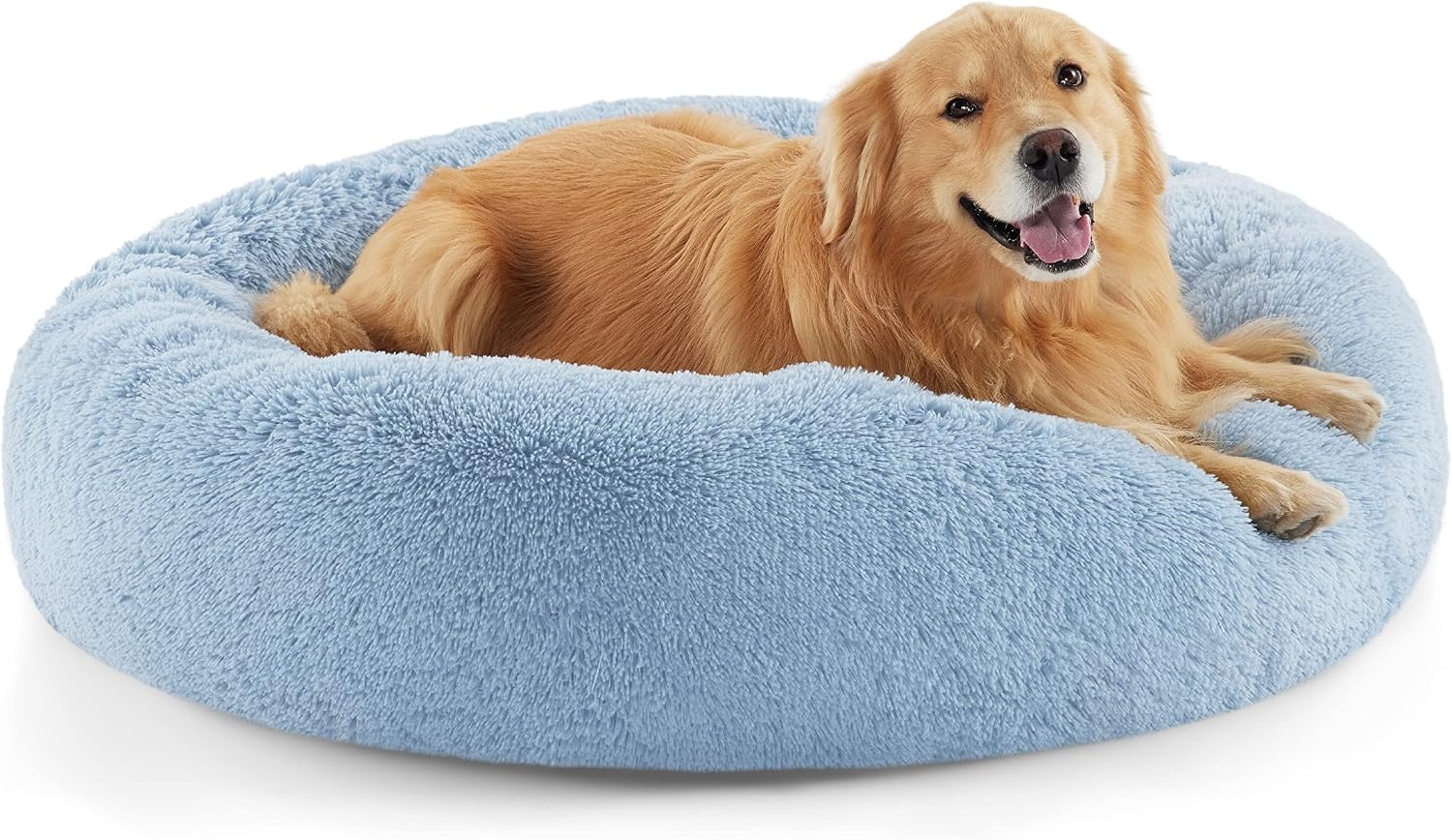 image:imageBedsure Human Dog Bed for Adult Plush Giant Calming Nest Bed Orthopedic 71 Human Size Dog Bed Washable with Storage Pocket Supportive Bolster Egg Foam NonSlip Bottom Fluffy Faux Fur BrownLight Blue
