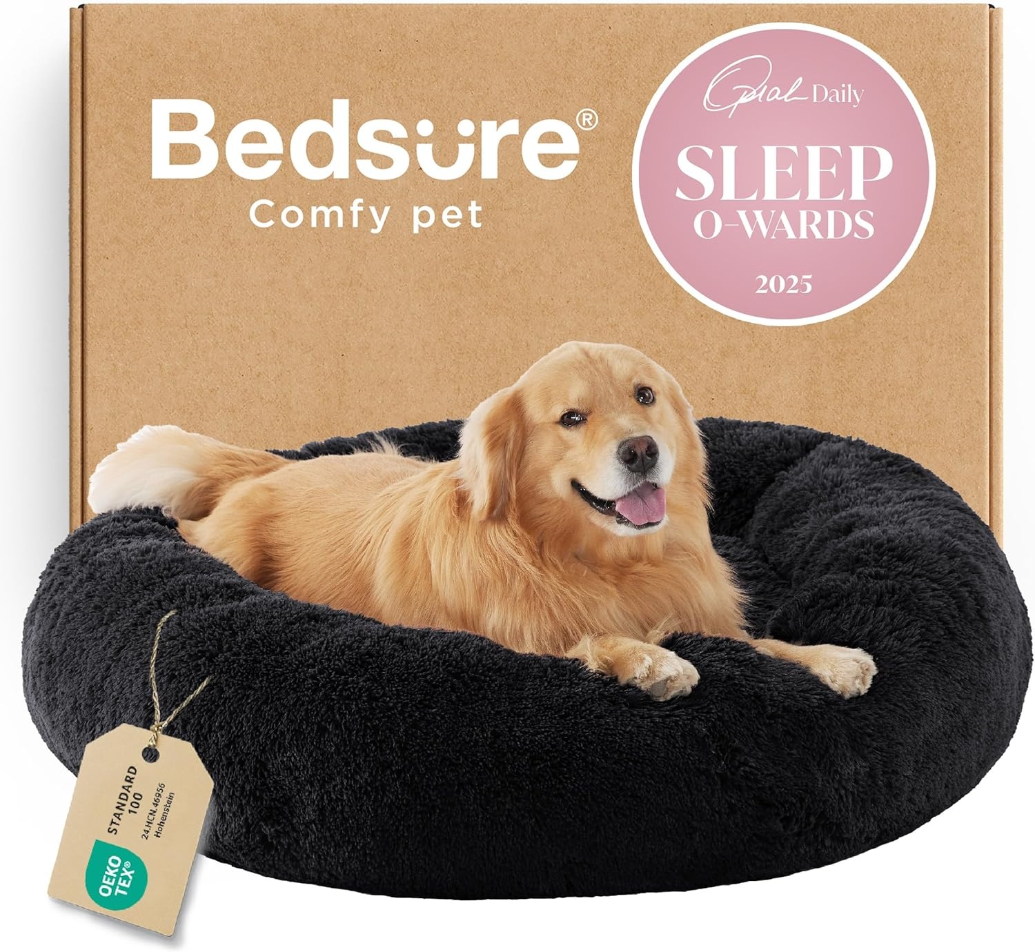 image:imageBedsure Human Dog Bed for Adult Plush Giant Calming Nest Bed Orthopedic 71 Human Size Dog Bed Washable with Storage Pocket Supportive Bolster Egg Foam NonSlip Bottom Fluffy Faux Fur BrownBlack