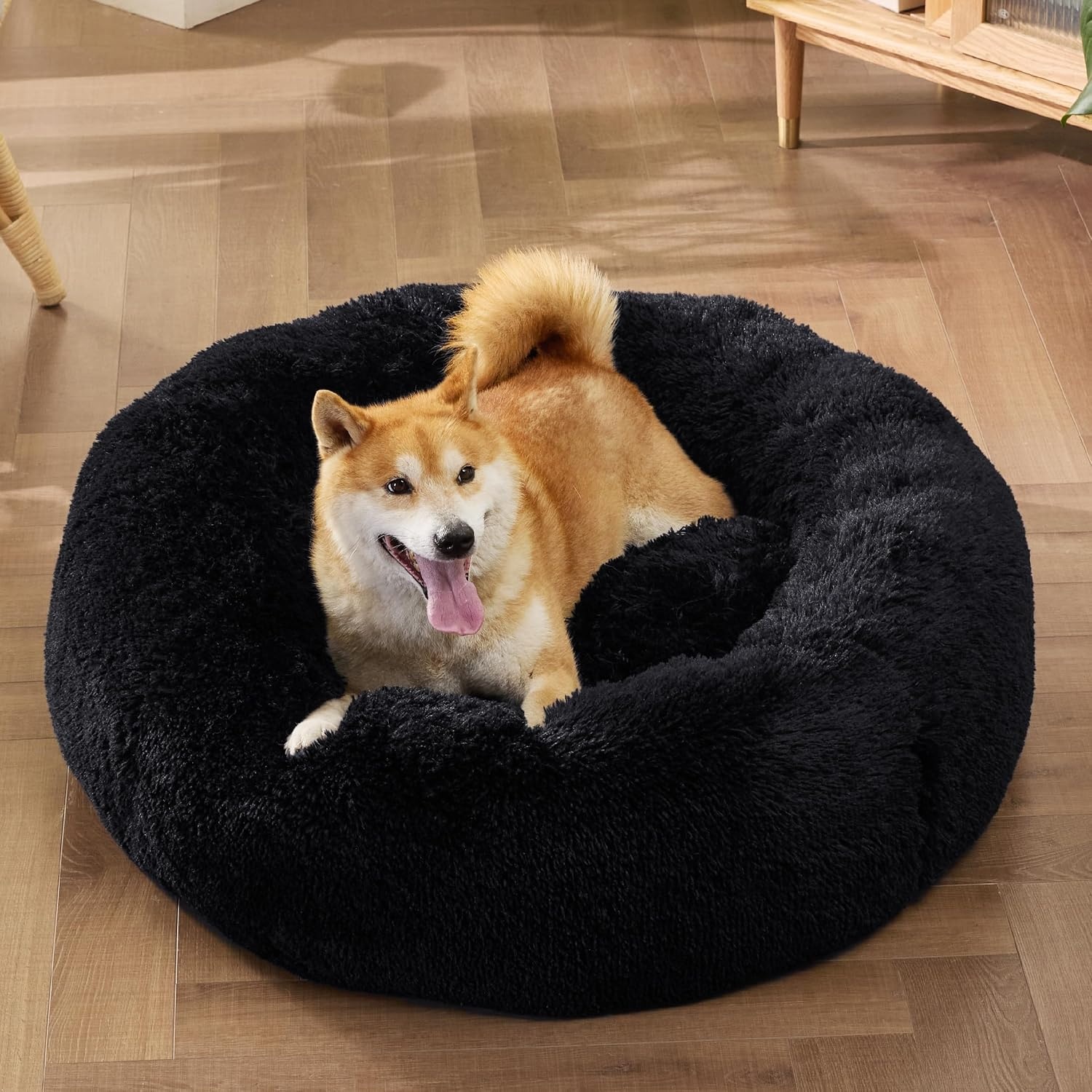 image:imageBedsure Human Dog Bed for Adult Plush Giant Calming Nest Bed Orthopedic 71 Human Size Dog Bed Washable with Storage Pocket Supportive Bolster Egg Foam NonSlip Bottom Fluffy Faux Fur BrownBlack