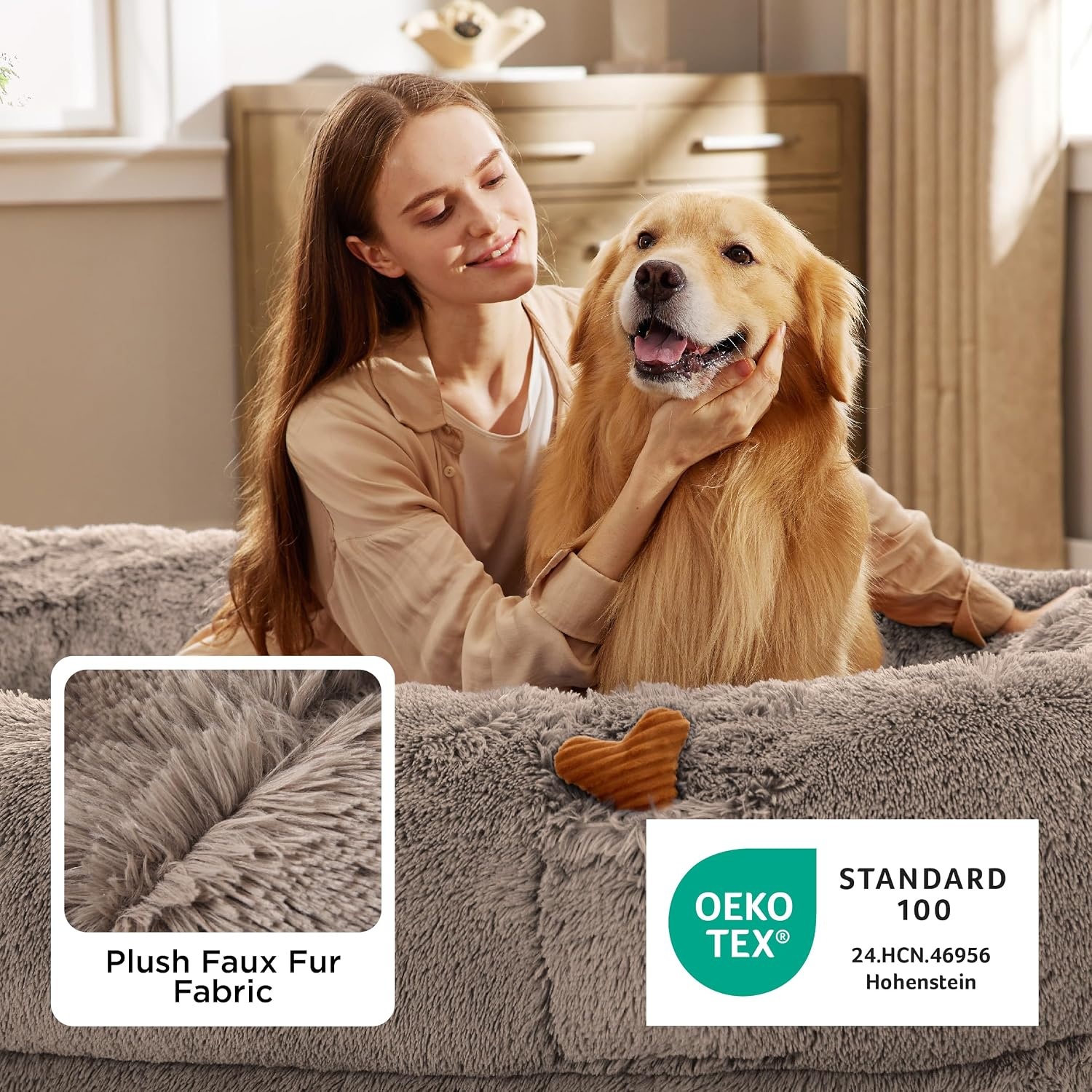 image:imageBedsure Human Dog Bed for Adult Plush Giant Calming Nest Bed Orthopedic 71 Human Size Dog Bed Washable with Storage Pocket Supportive Bolster Egg Foam NonSlip Bottom Fluffy Faux Fur BrownCamel