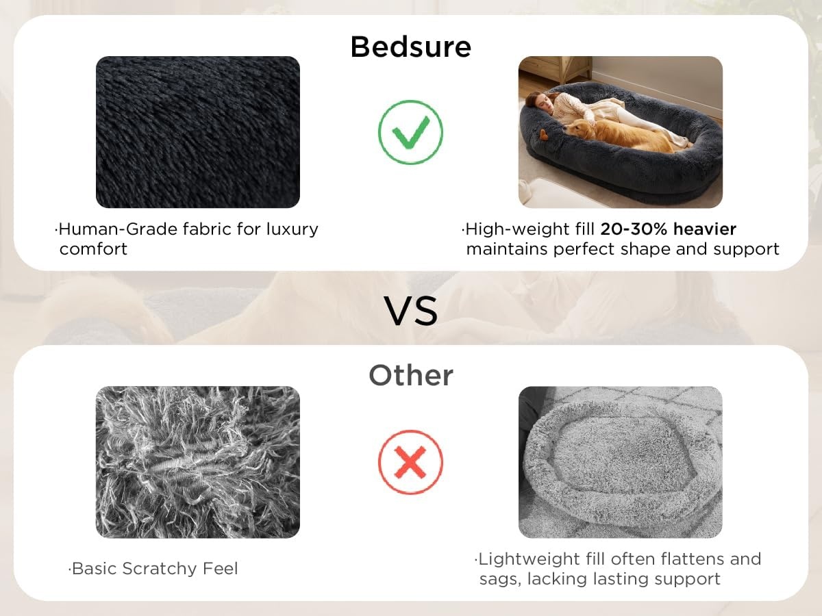 image:imageBedsure Human Dog Bed for Adult Plush Giant Calming Nest Bed Orthopedic 71 Human Size Dog Bed Washable with Storage Pocket Supportive Bolster Egg Foam NonSlip Bottom Fluffy Faux Fur BrownCamel