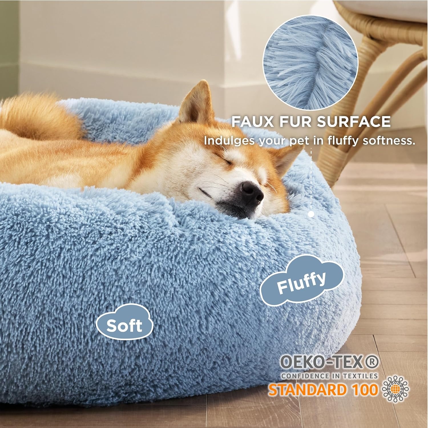image:imageBedsure Human Dog Bed for Adult Plush Giant Calming Nest Bed Orthopedic 71 Human Size Dog Bed Washable with Storage Pocket Supportive Bolster Egg Foam NonSlip Bottom Fluffy Faux Fur BrownLight Blue