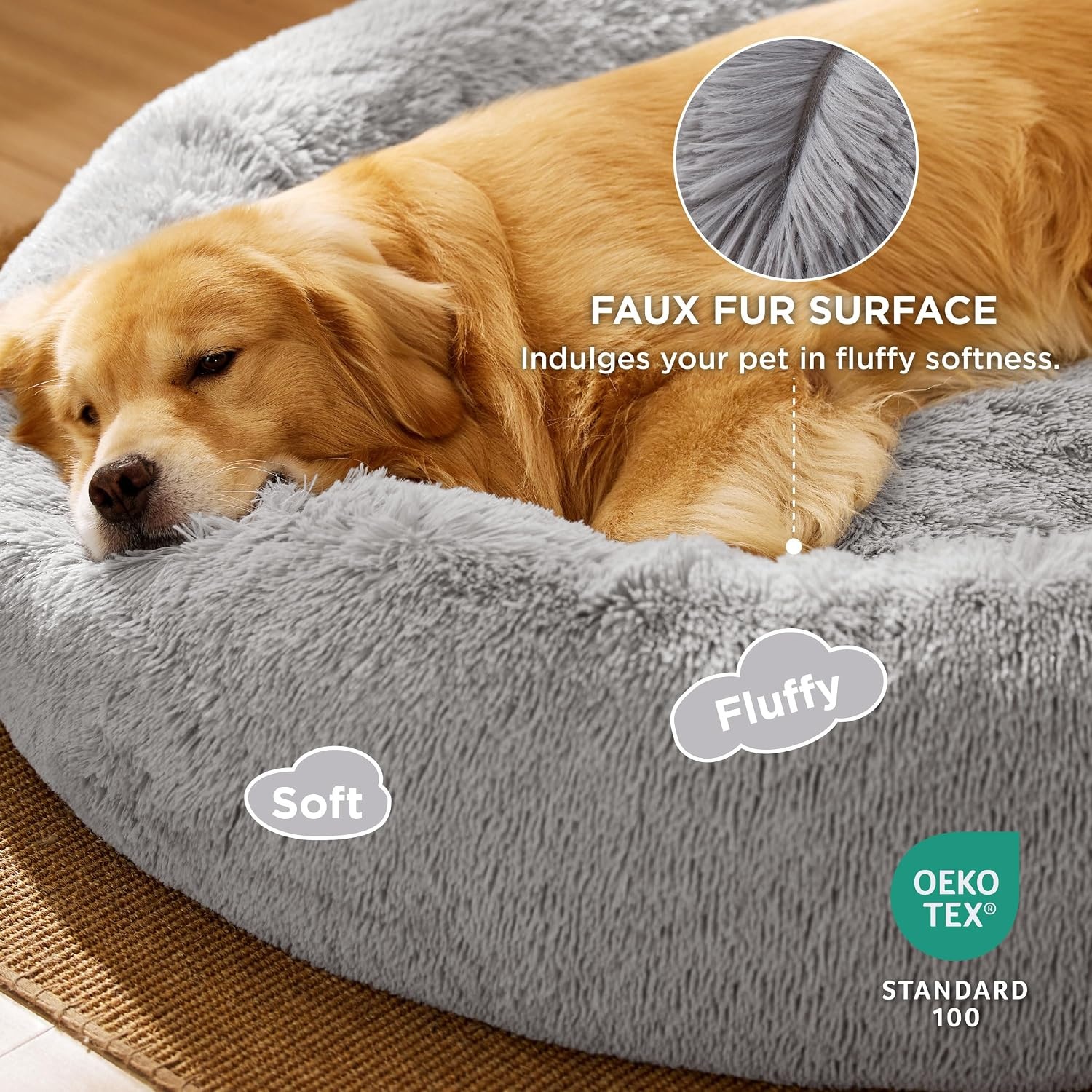 image:imageBedsure Human Dog Bed for Adult Plush Giant Calming Nest Bed Orthopedic 71 Human Size Dog Bed Washable with Storage Pocket Supportive Bolster Egg Foam NonSlip Bottom Fluffy Faux Fur BrownPale Grey