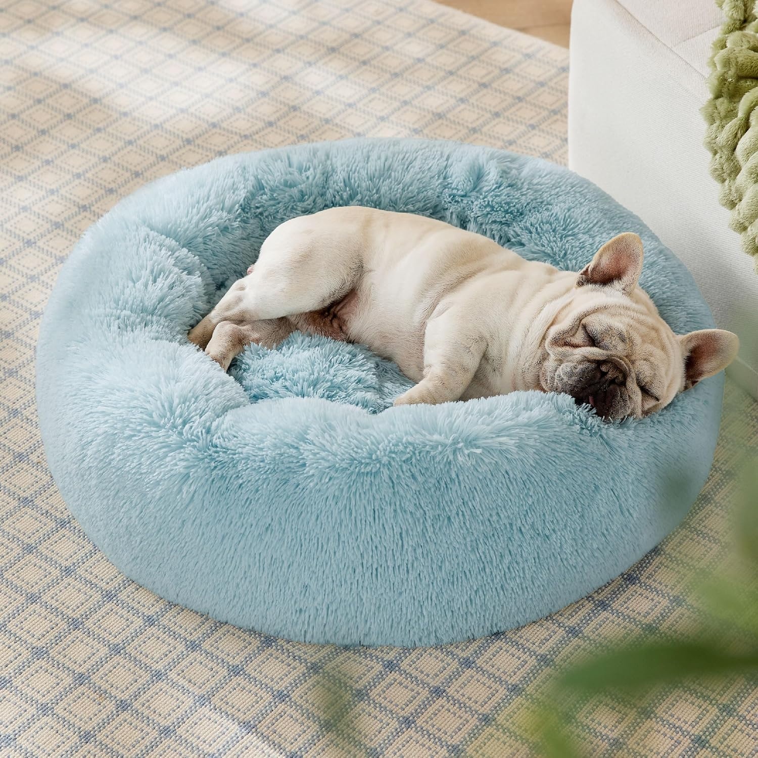 image:imageBedsure Human Dog Bed for Adult Plush Giant Calming Nest Bed Orthopedic 71 Human Size Dog Bed Washable with Storage Pocket Supportive Bolster Egg Foam NonSlip Bottom Fluffy Faux Fur BrownAqua Blue