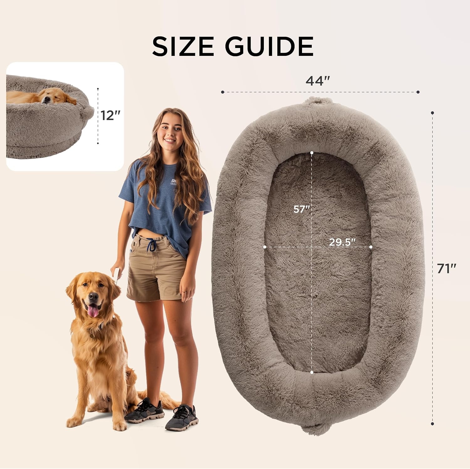 image:imageBedsure Human Dog Bed for Adult Plush Giant Calming Nest Bed Orthopedic 71 Human Size Dog Bed Washable with Storage Pocket Supportive Bolster Egg Foam NonSlip Bottom Fluffy Faux Fur BrownCamel