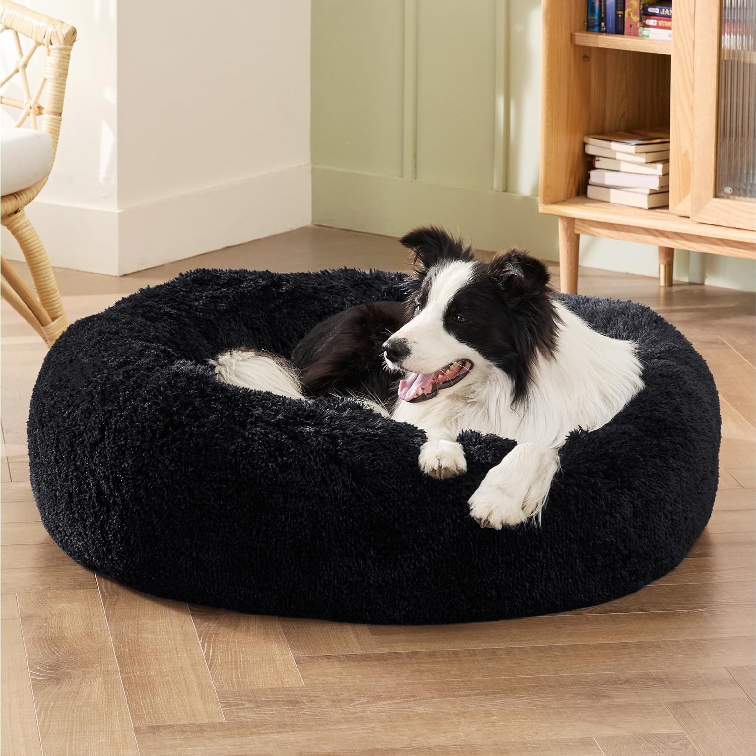 image:imageBedsure Human Dog Bed for Adult Plush Giant Calming Nest Bed Orthopedic 71 Human Size Dog Bed Washable with Storage Pocket Supportive Bolster Egg Foam NonSlip Bottom Fluffy Faux Fur BrownBlack