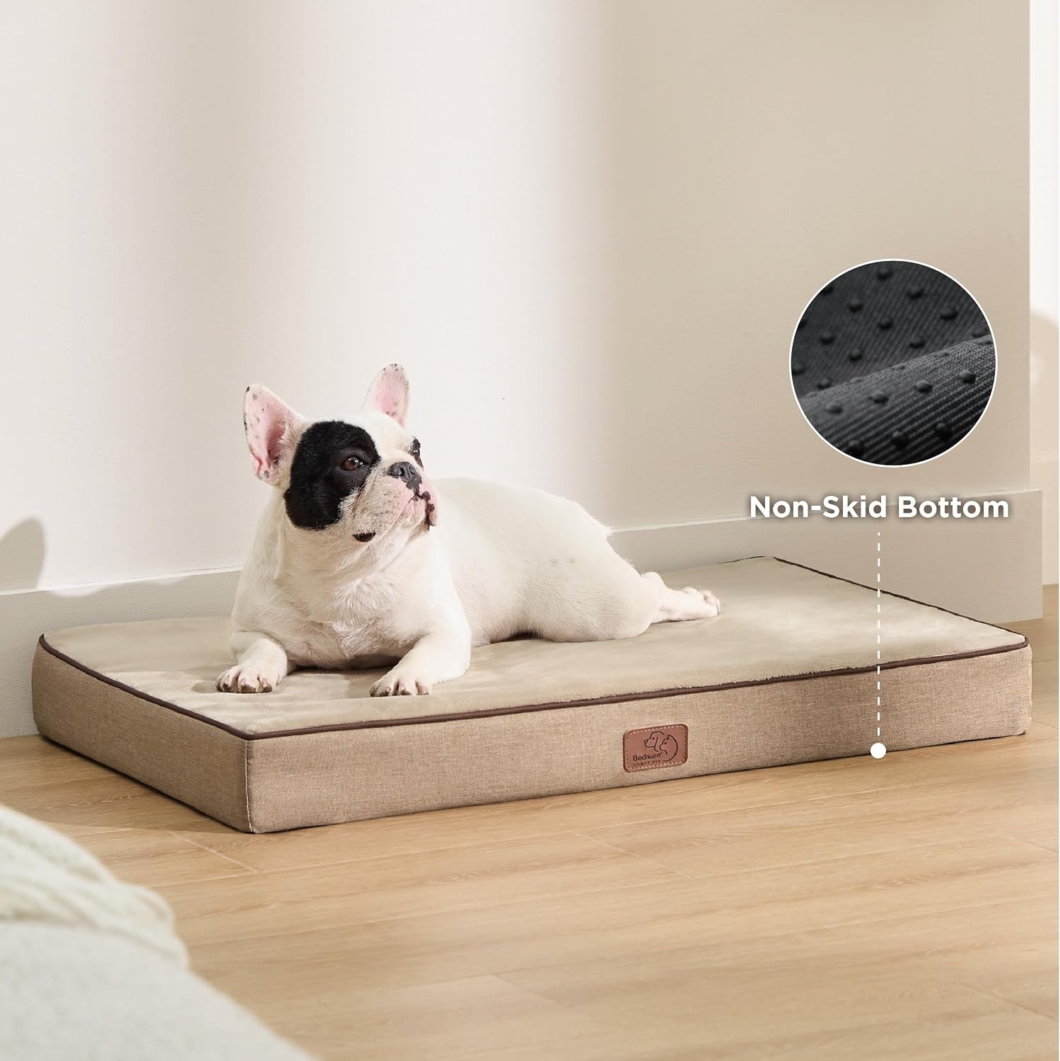 image:imageBedsure Memory Foam Dog Beds Large Sized Dog Orthopedic Crate Pads 35x22 Duallayer Foam Mat for Optimal SupportComfy Plush Flannel Fleece Pet Pillow Removable Washable Cover Nonslip BottomGreyKhaki