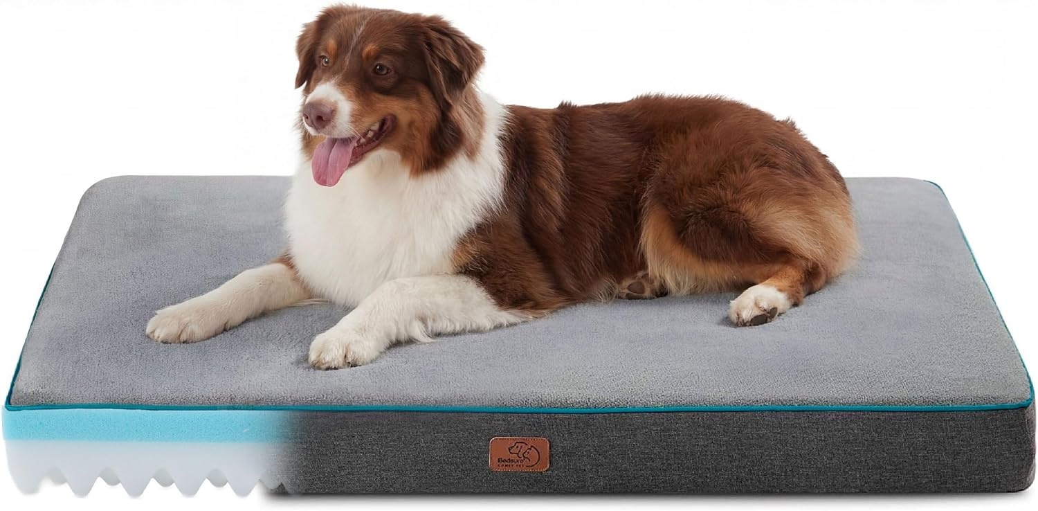 image:imageBedsure Memory Foam XL Dog Bed Orthopedic Crate Pads 41x29 Duallayer Foam Mat for Optimal SupportComfy Plush Flannel Fleece Pet Pillow Removable Washable Cover Nonslip BottomGreyGrey