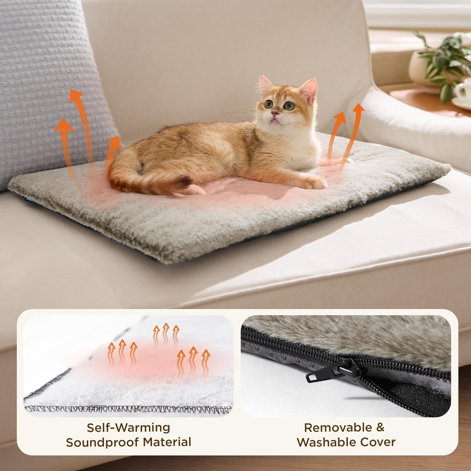 image:imageBedsure Self Warming Cat Bed MatSmall Pet Extra Warm Self Heating Cat Pad 24X18 Thermal Dog Crate Pads for Indoor OutdoorFaux Fur Removable Washable Cover in WinterNon SlipNot ElectricGreyBrown