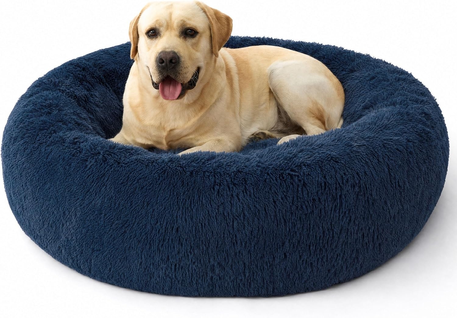 image:imageBedsure SupportMax Calming Dog Bed Medium Size Dog Washable Pet Bed30in 420GSM Plush Fluffy Faux Fur Donut RoundThick SupportiveRemovable CoverAntiSlipAntiAnxietyUp to 45 LbsCamelNavy