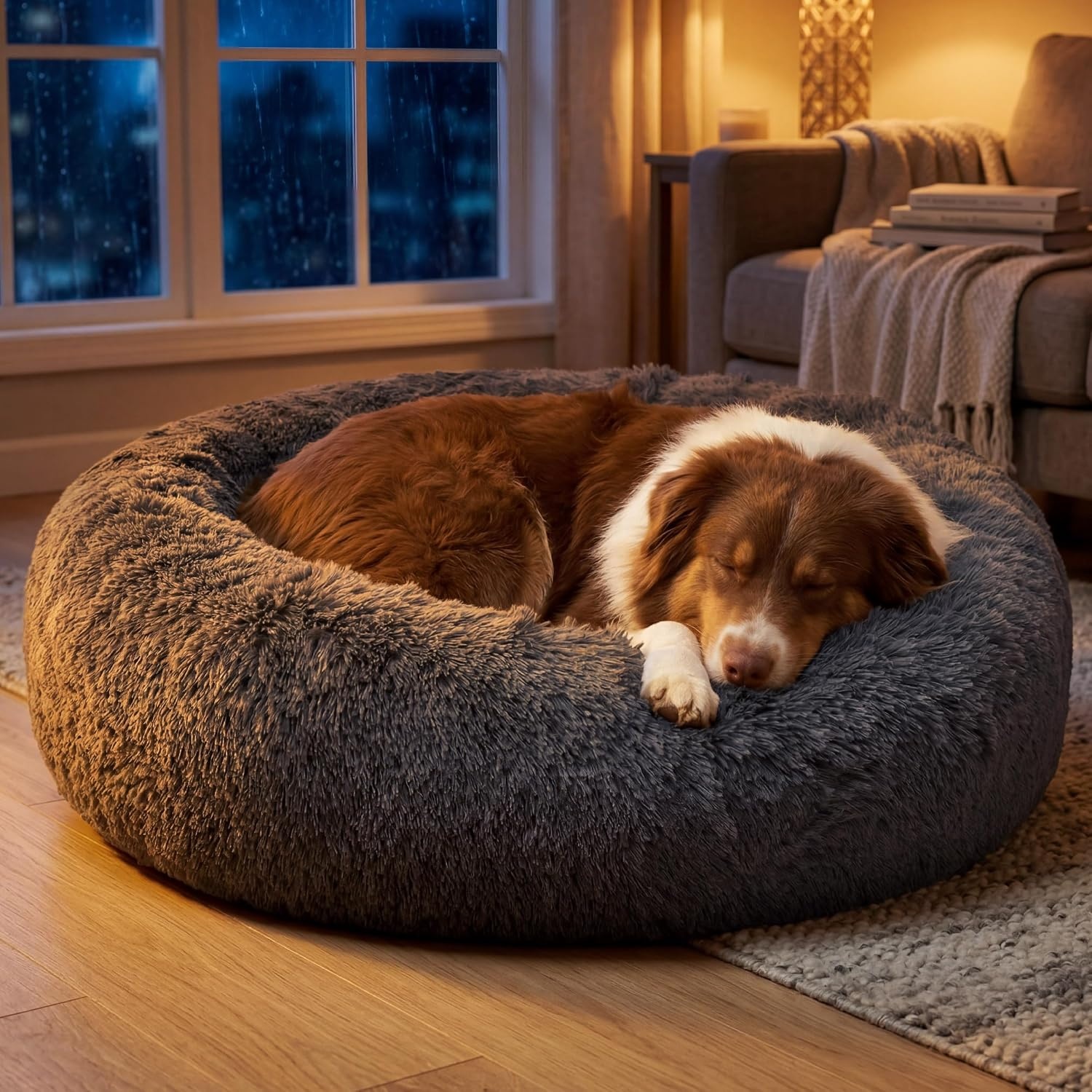 image:imageBedsure SupportMax Calming Dog Bed Medium Size Dog Washable Pet Bed30in 420GSM Plush Fluffy Faux Fur Donut RoundThick SupportiveRemovable CoverAntiSlipAntiAnxietyUp to 45 LbsCamelDark Grey