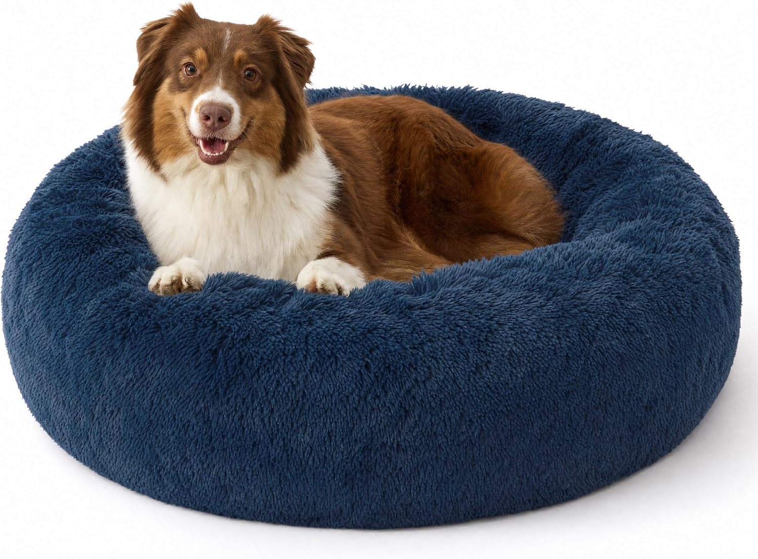 image:imageBedsure SupportMax Calming Dog Bed Medium Size Dog Washable Pet Bed30in 420GSM Plush Fluffy Faux Fur Donut RoundThick SupportiveRemovable CoverAntiSlipAntiAnxietyUp to 45 LbsCamelNavy