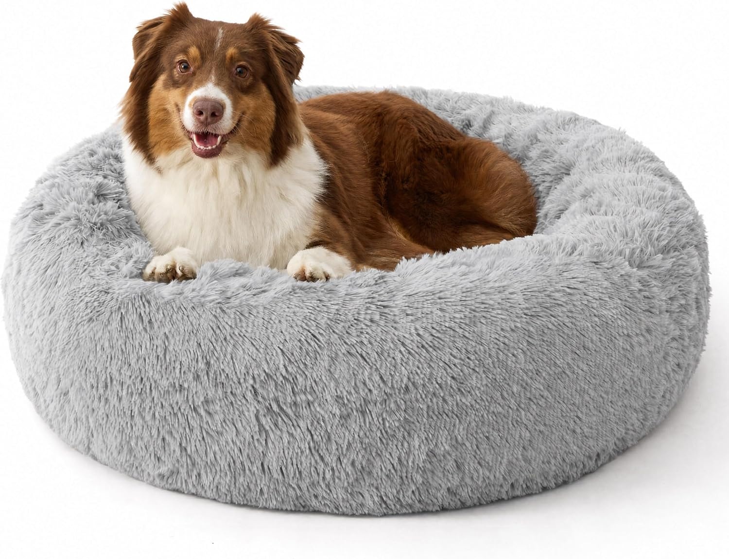 image:imageBedsure SupportMax Calming Dog Bed Medium Size Dog Washable Pet Bed30in 420GSM Plush Fluffy Faux Fur Donut RoundThick SupportiveRemovable CoverAntiSlipAntiAnxietyUp to 45 LbsCamelQuiet Gray