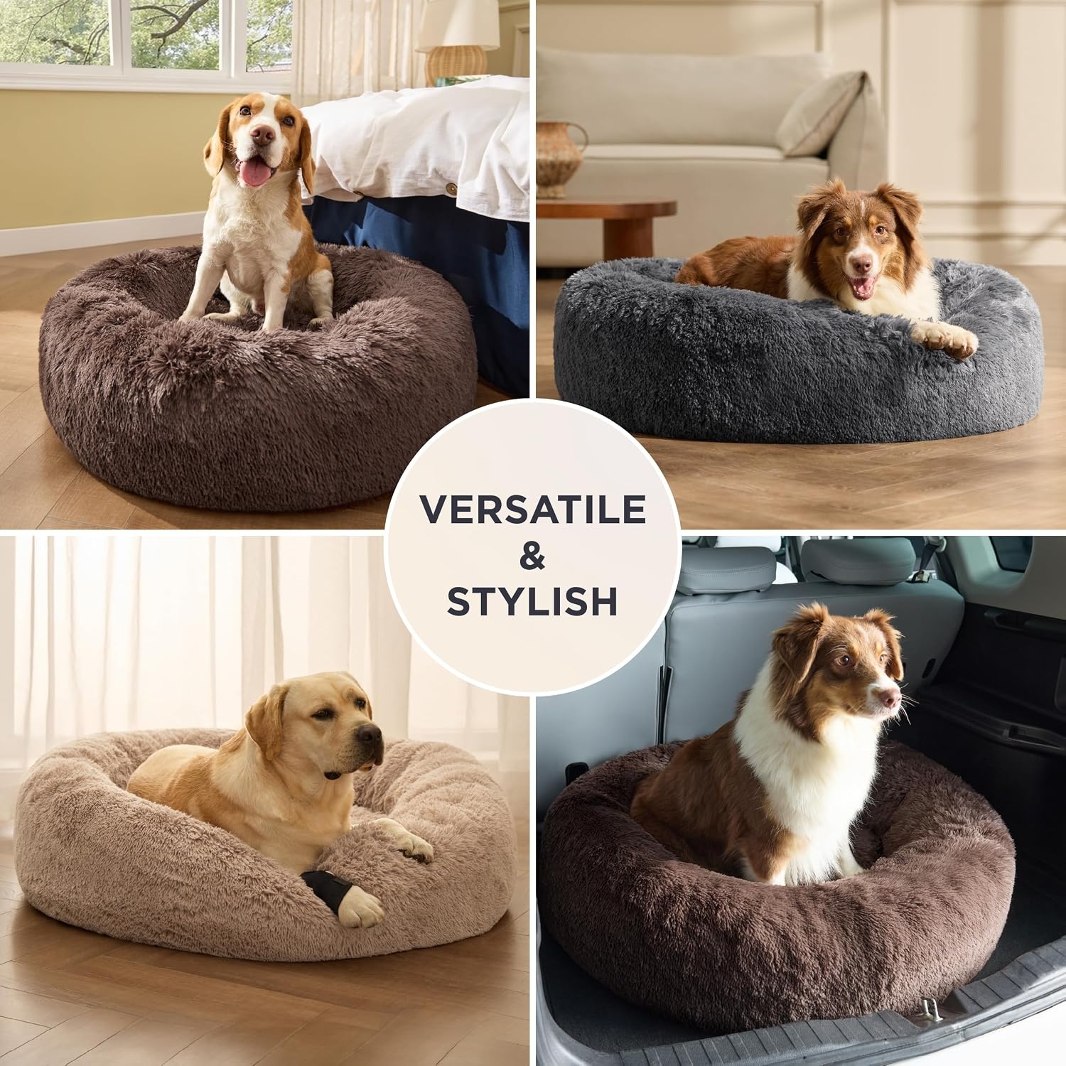 image:imageBedsure SupportMax Calming Dog Bed Medium Size Dog Washable Pet Bed30in 420GSM Plush Fluffy Faux Fur Donut RoundThick SupportiveRemovable CoverAntiSlipAntiAnxietyUp to 45 LbsCamelChestnut Brown