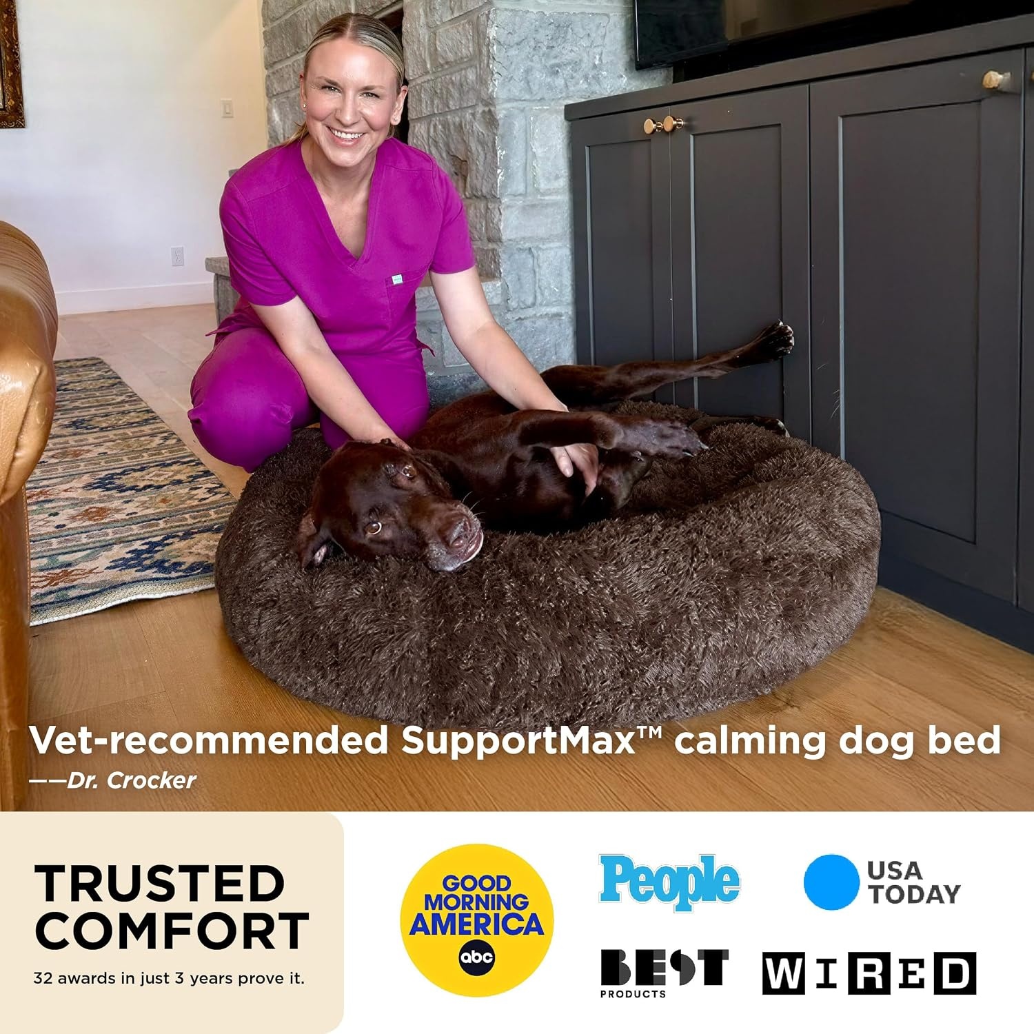 image:imageBedsure SupportMax Calming Dog Bed Medium Size Dog Washable Pet Bed30in 420GSM Plush Fluffy Faux Fur Donut RoundThick SupportiveRemovable CoverAntiSlipAntiAnxietyUp to 45 LbsCamelDark Grey